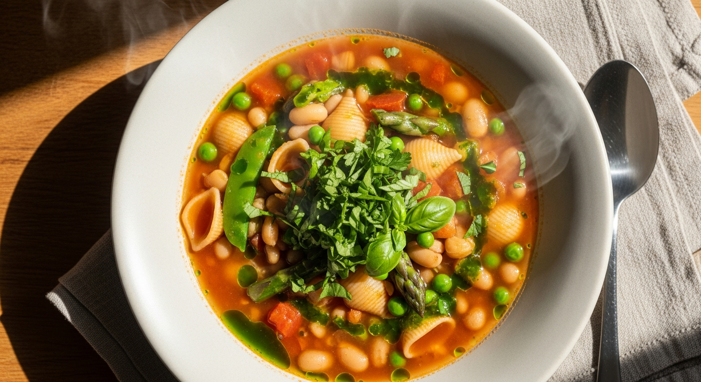 A bright spring minestrone soup with green vegetables and white beans in a rustic bowl