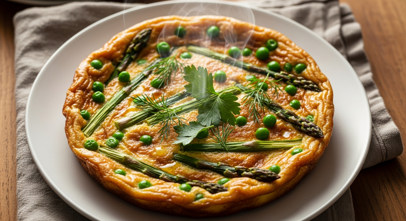 A bright spring vegetable frittata with asparagus, peas, and fresh herbs in a cast iron skillet