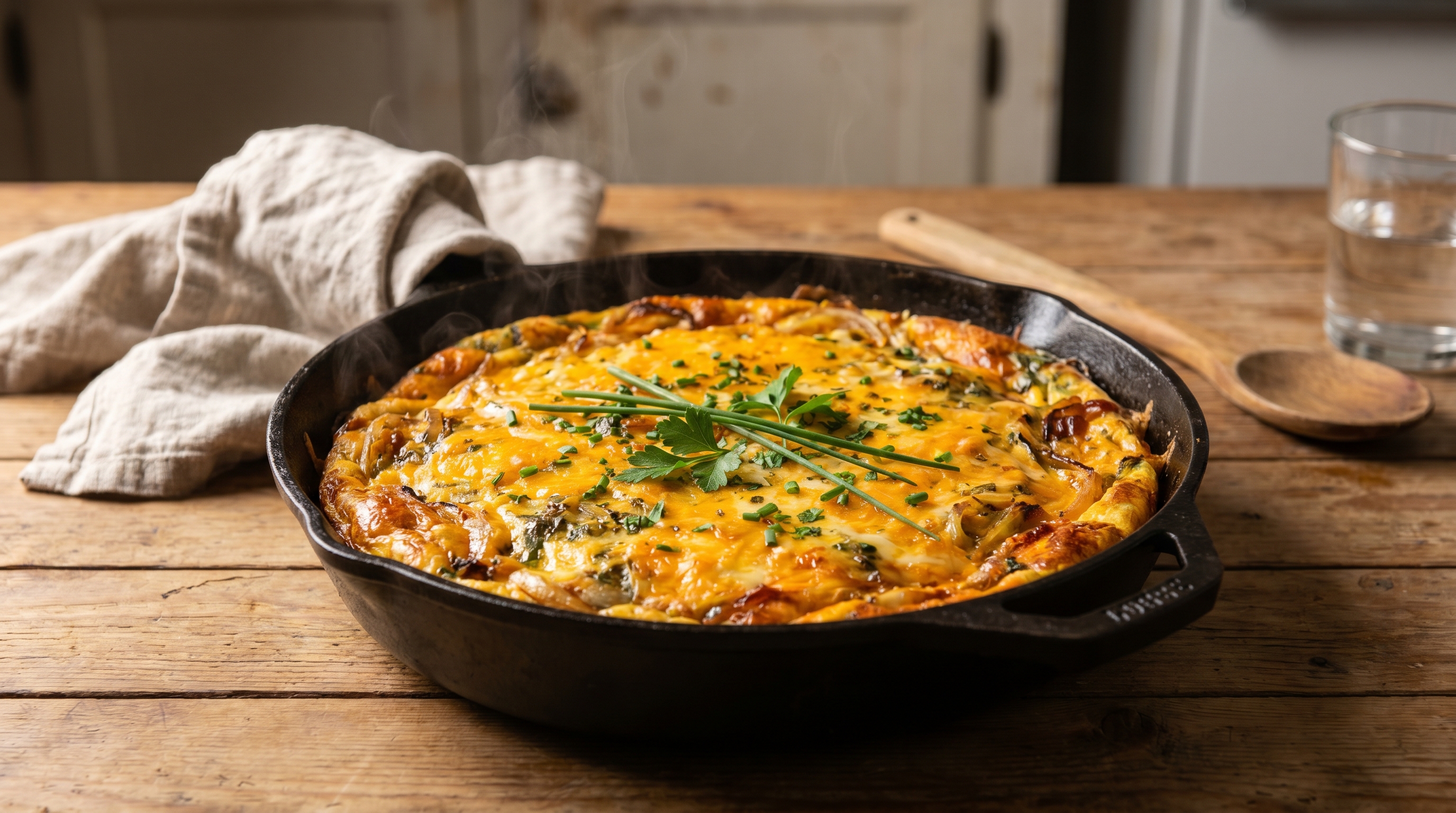 A golden brown frittata in a cast iron skillet with melted cheese on top, slightly imperfect and homemade looking