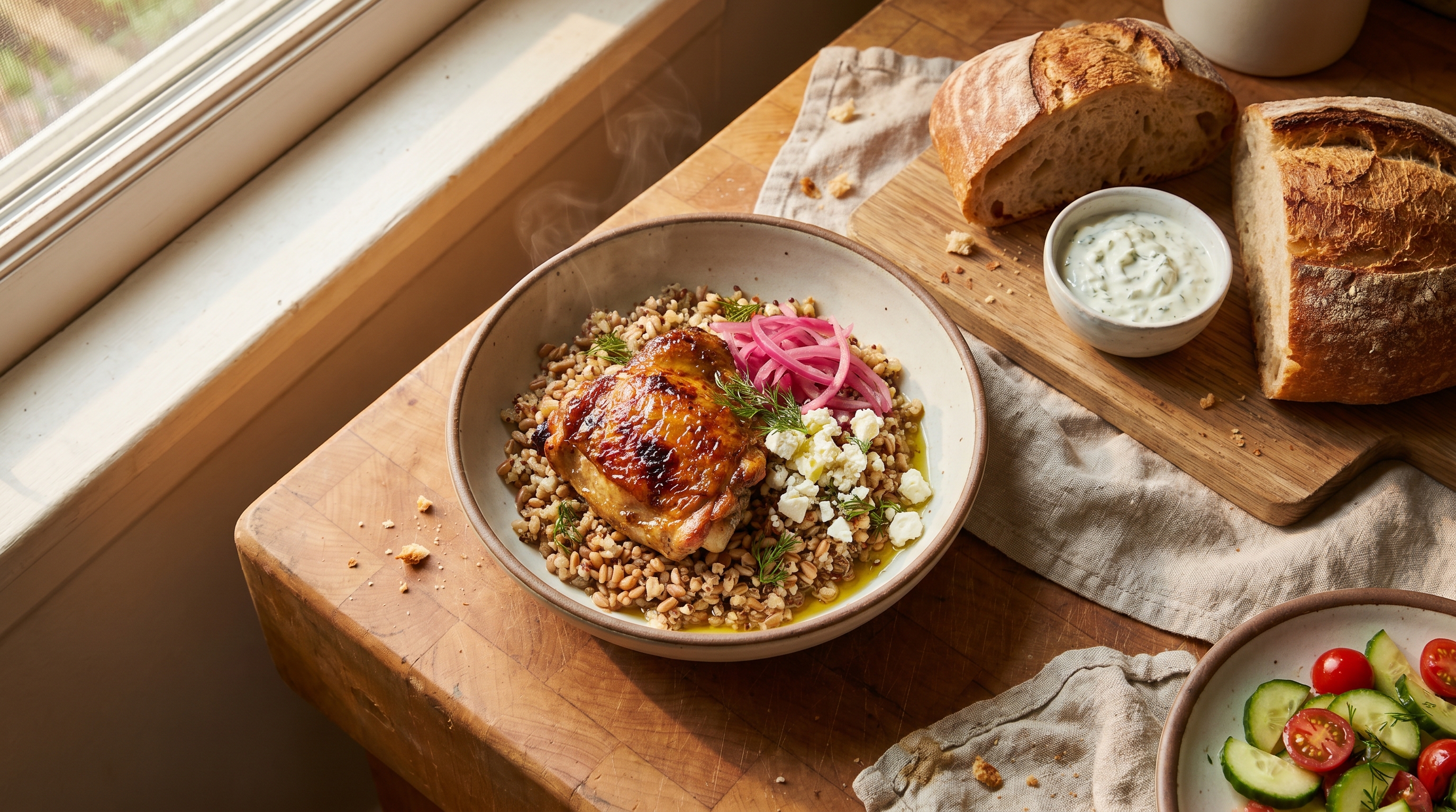 A golden roasted chicken thigh served over a bright grain bowl with pickled red onions and crumbled feta