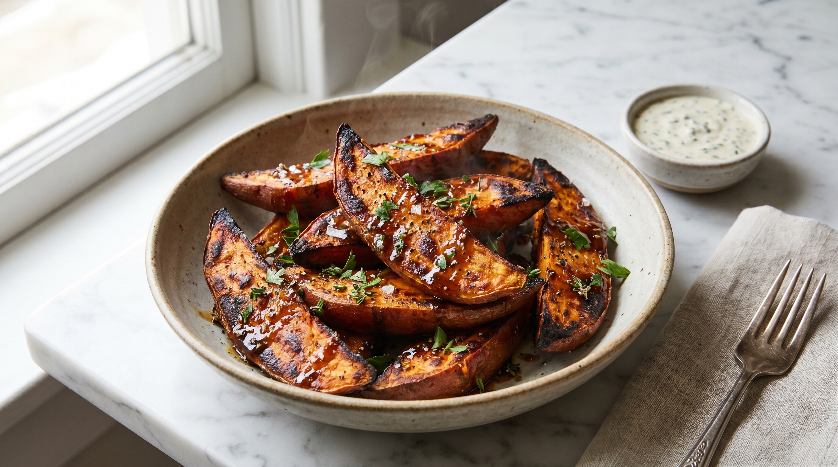 Roasted sweet potato wedges with a golden crispy exterior on a simple white plate