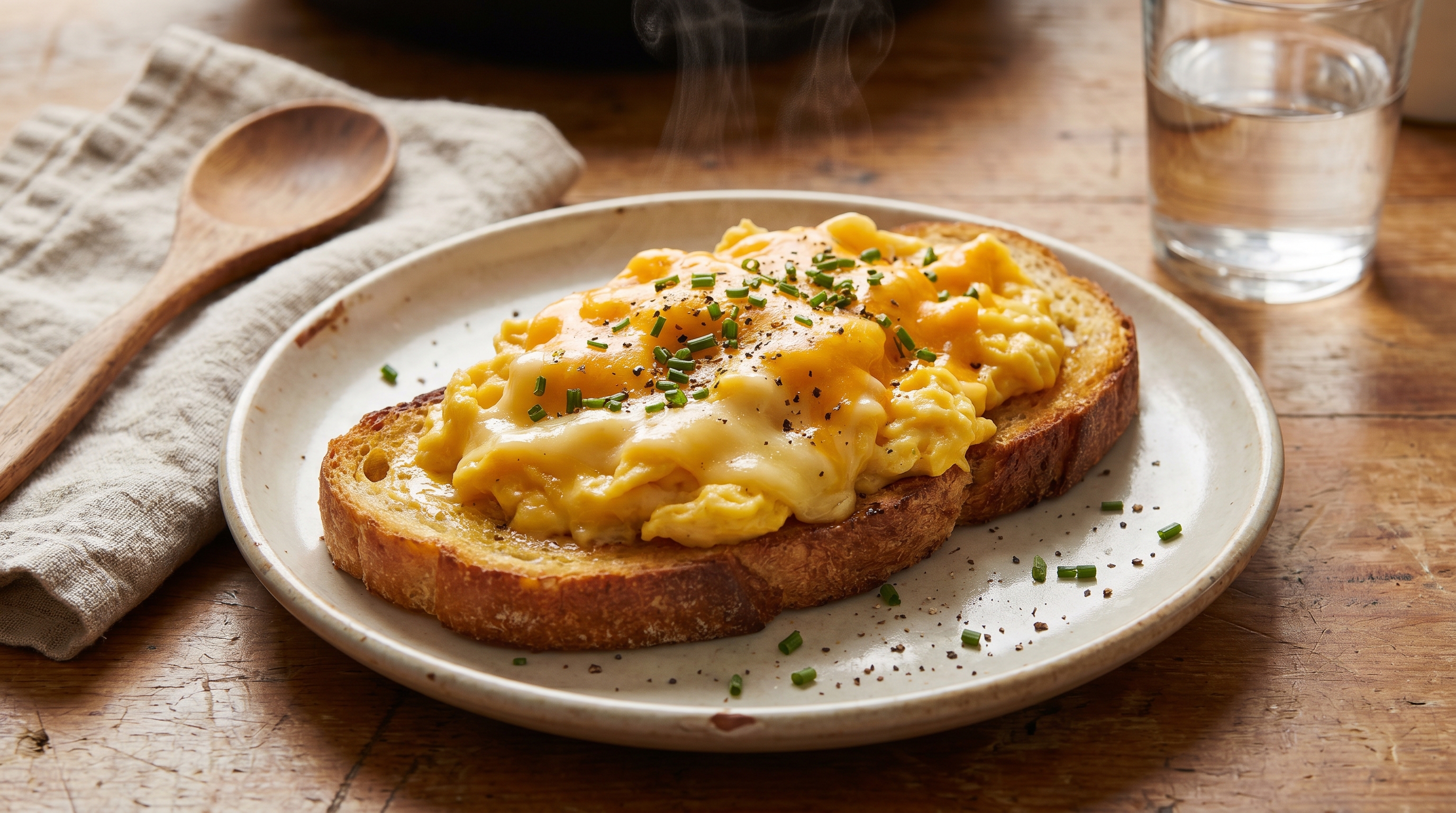 A warm plate of scrambled eggs on buttered toast with melted cheddar, simple and golden under soft kitchen light