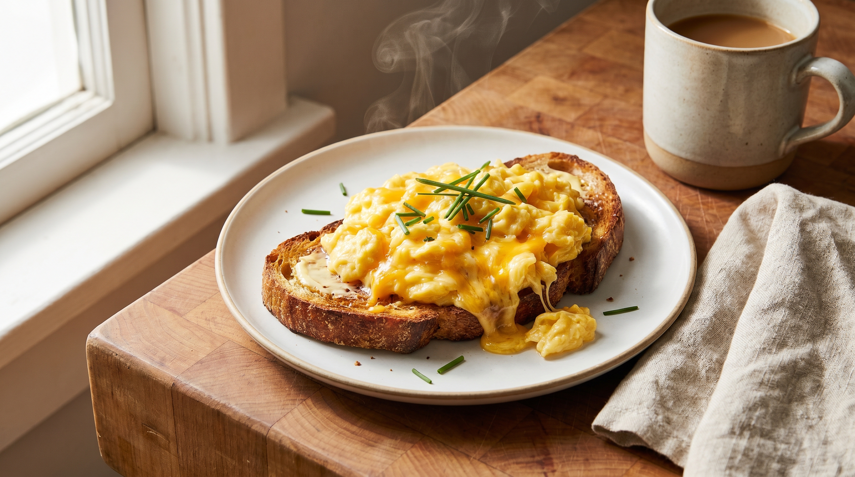 A warm plate of scrambled eggs on buttered toast with melted cheese, soft morning light