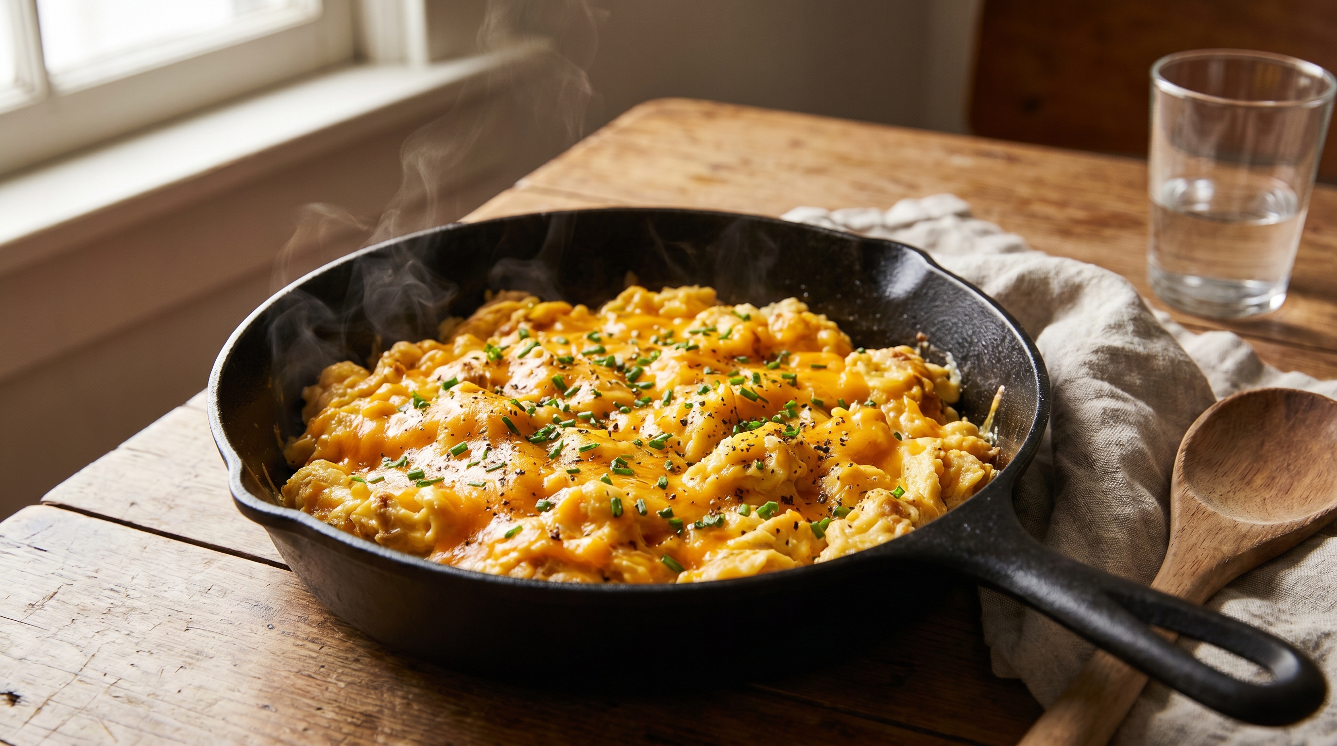 A golden scrambled egg skillet with melted cheese and torn pieces of toast on a worn wooden table