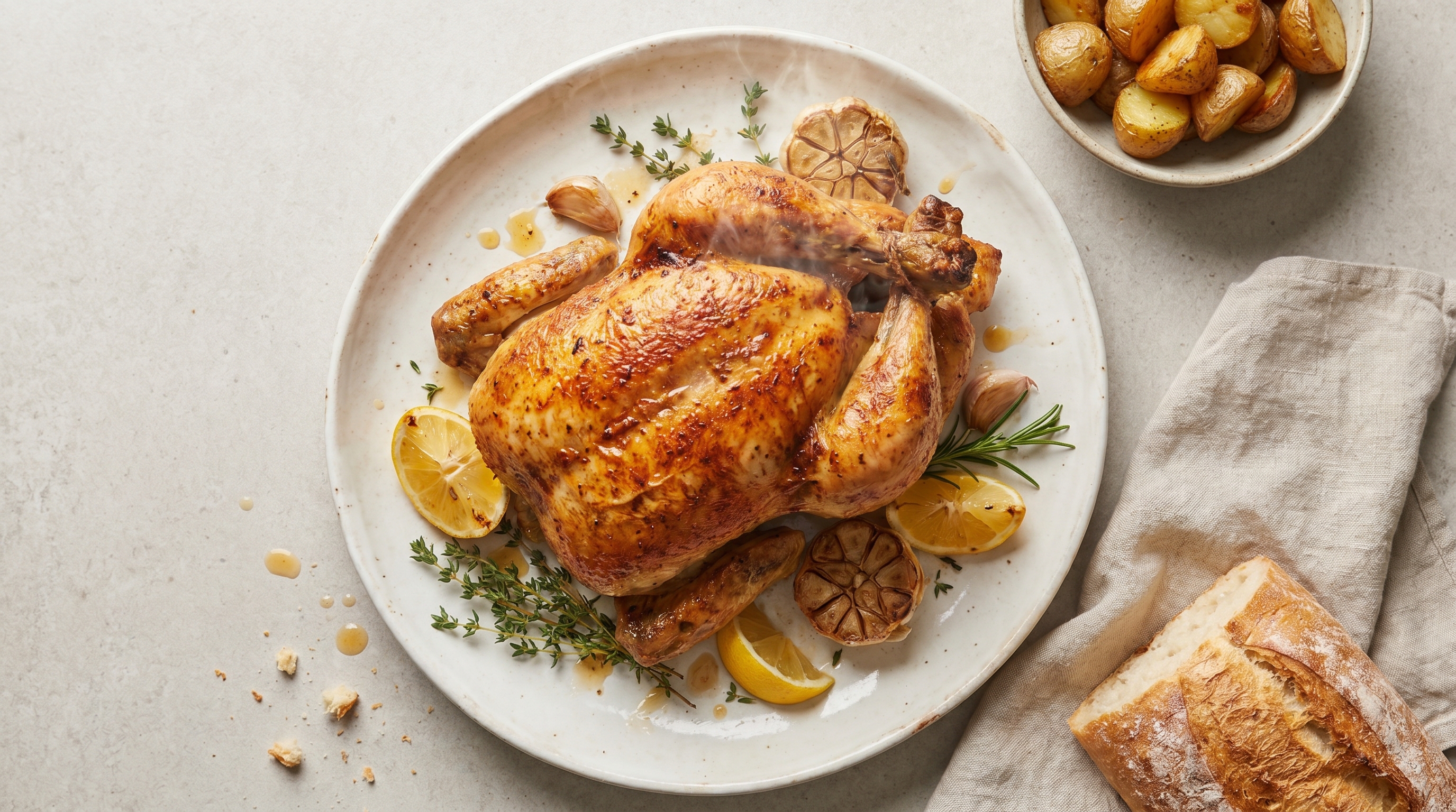 A golden-brown roasted chicken on a worn ceramic platter, skin glistening, surrounded by roasted lemon halves