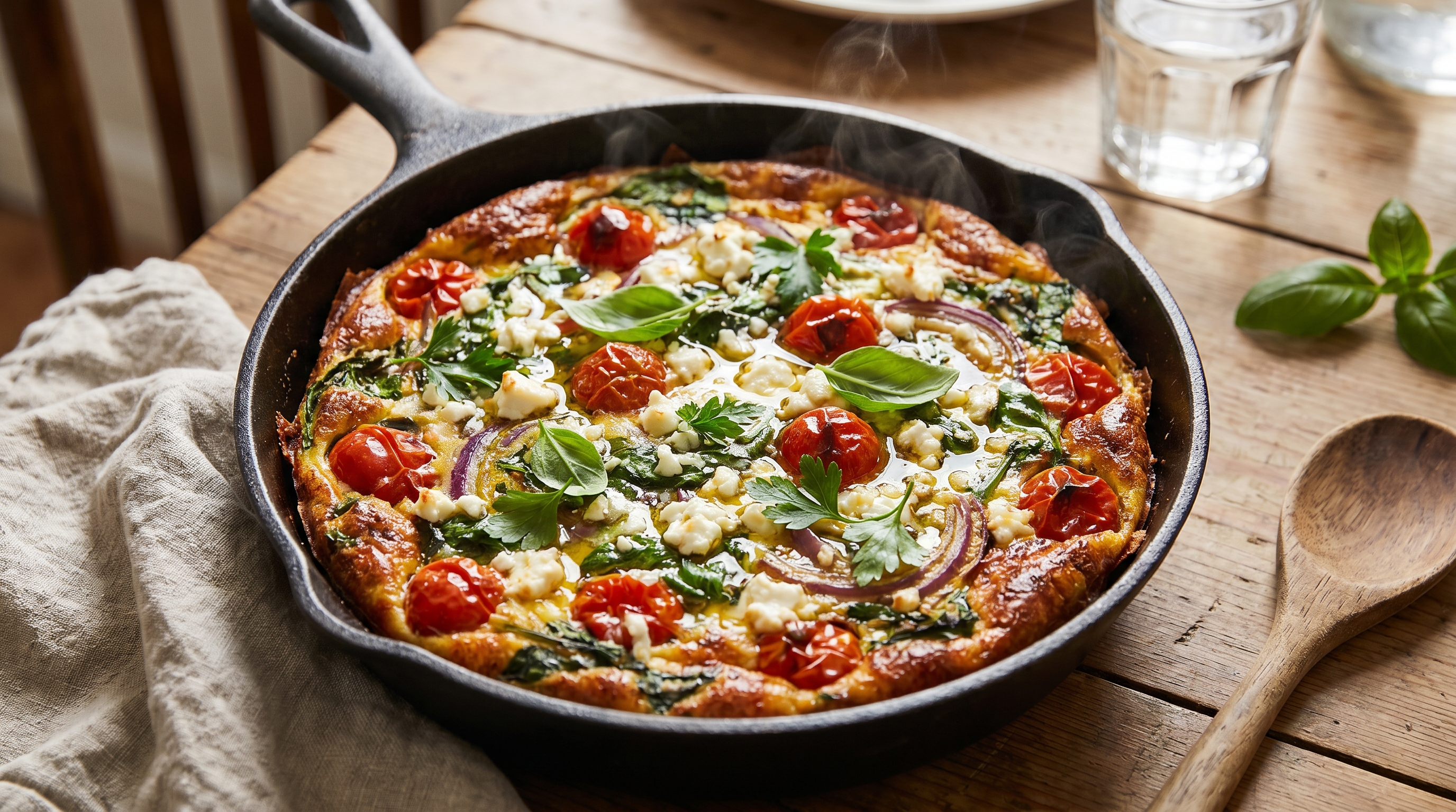 A half-eaten frittata in a cast iron skillet on a wooden table with scattered crumbs and a small plate pushed aside
