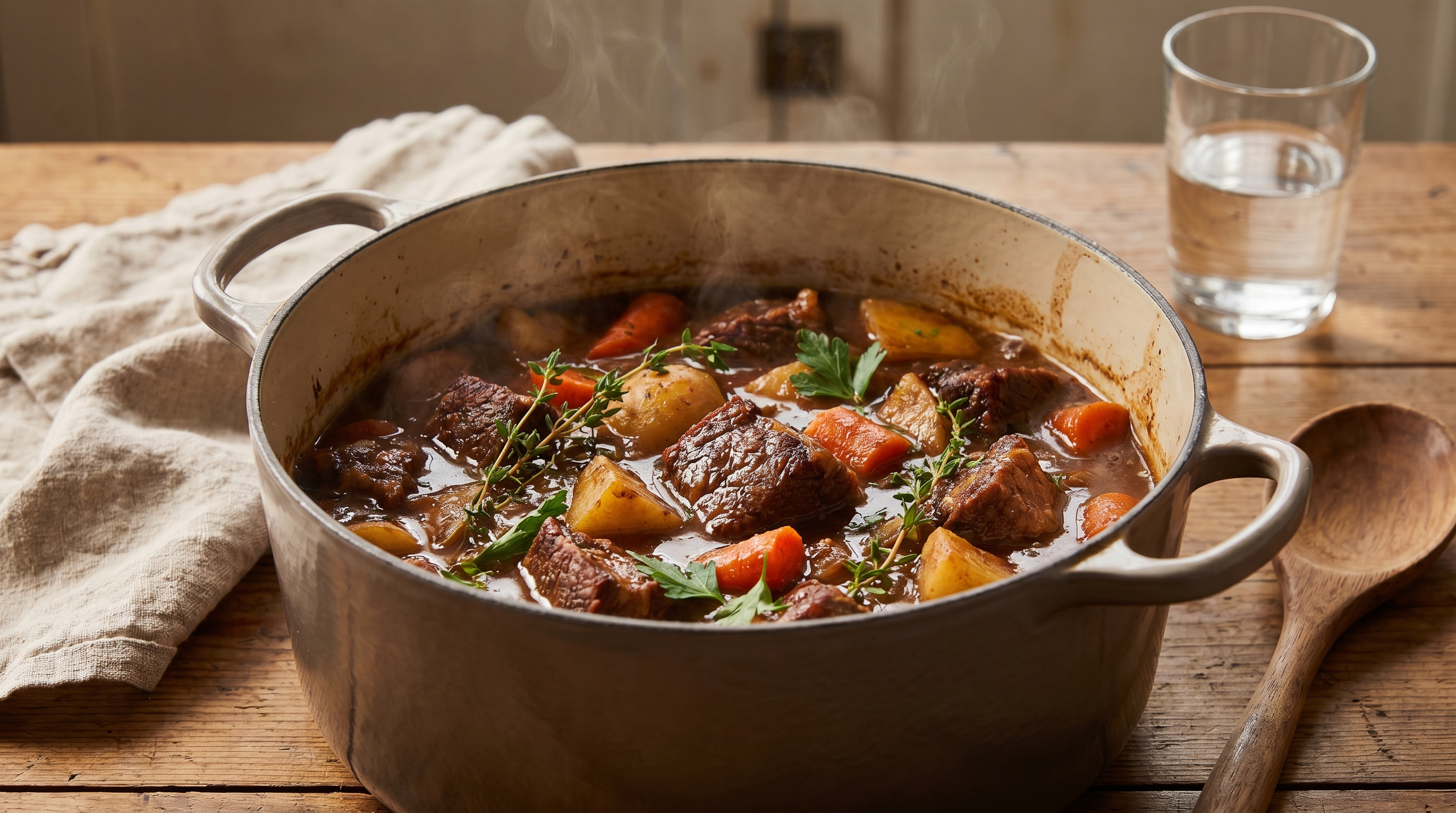 A rich beef stew with root vegetables in a dark Dutch oven, golden broth catching warm light