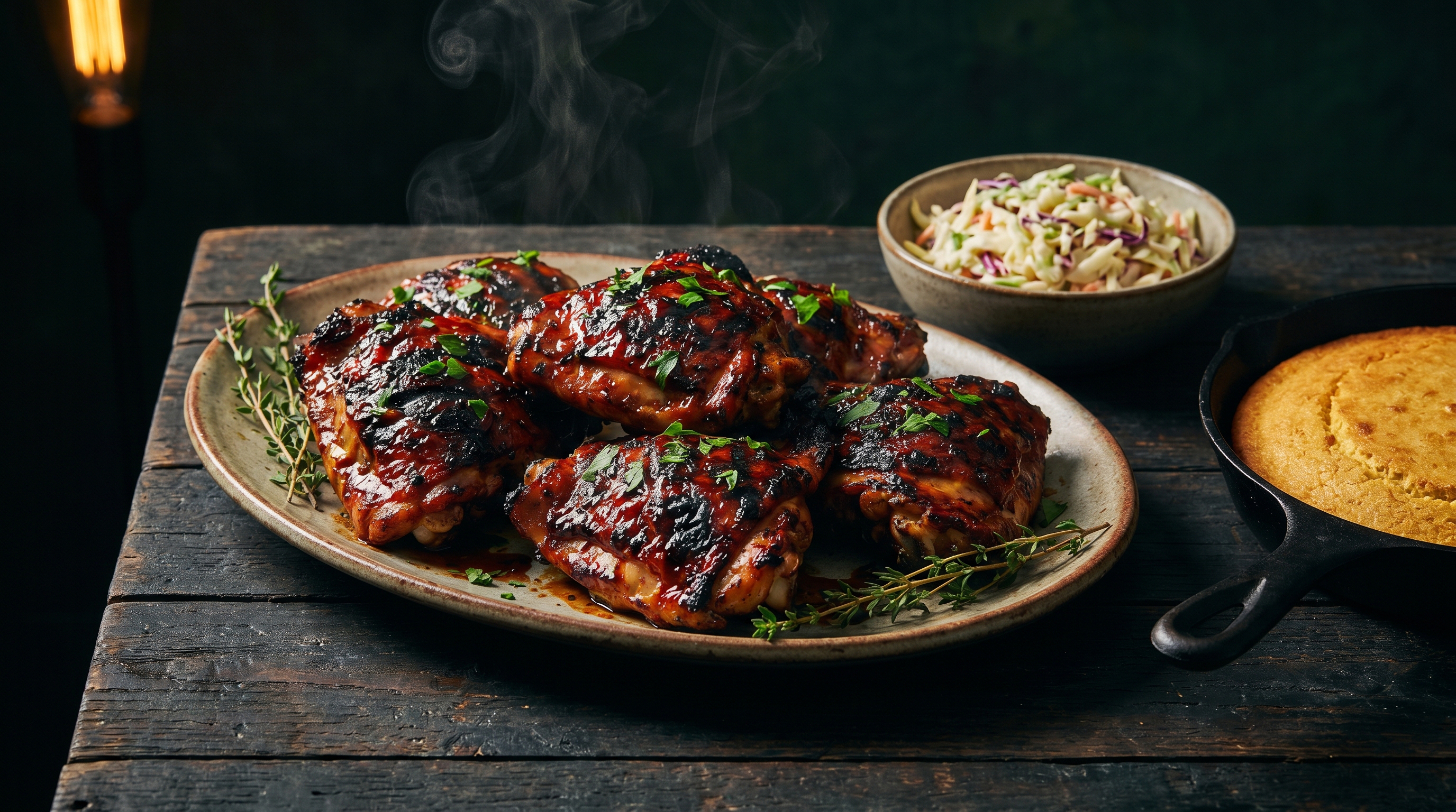 Grilled chicken thighs with charred edges and a smoky glaze on a wooden cutting board