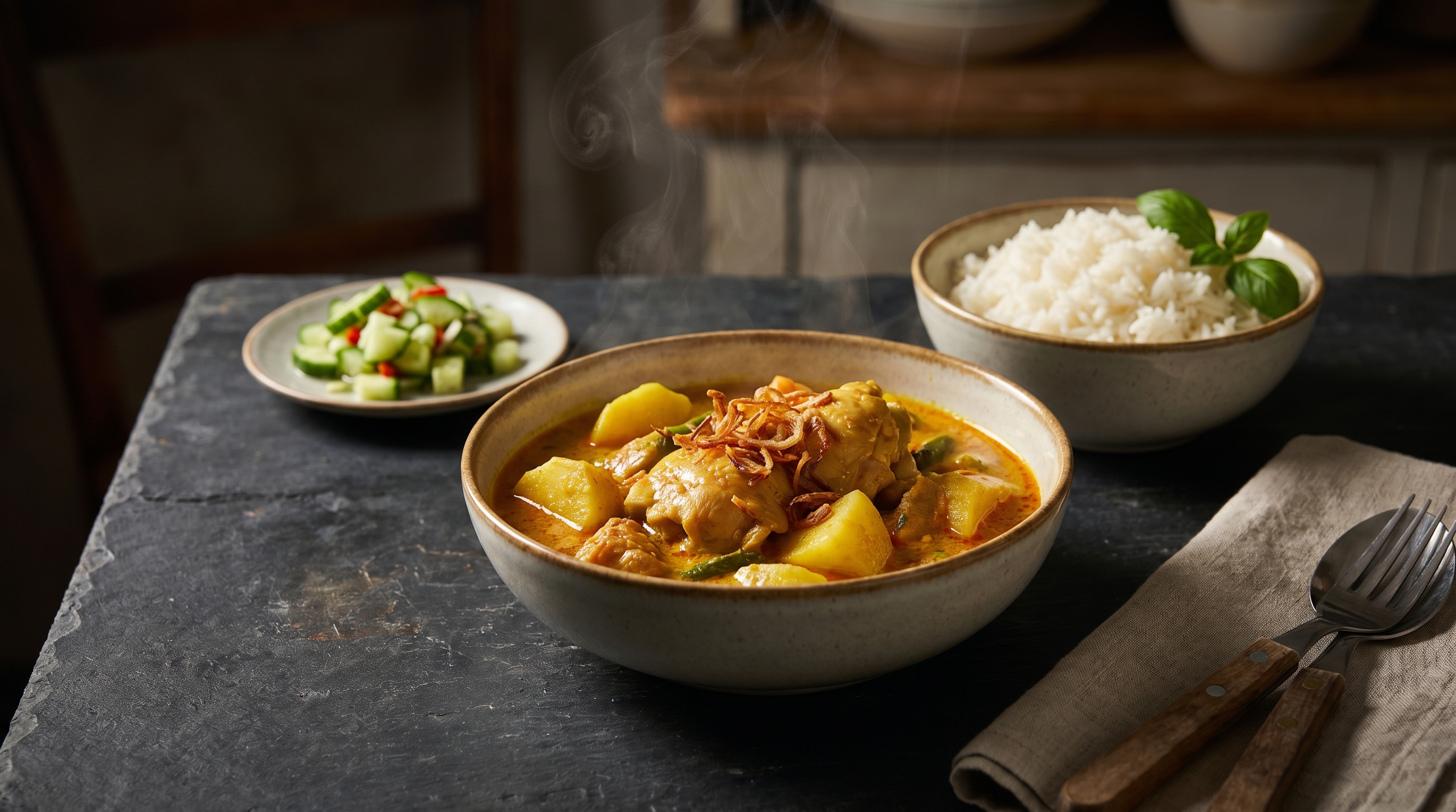 A half-eaten container of Thai yellow curry with rice on a kitchen counter in warm evening light