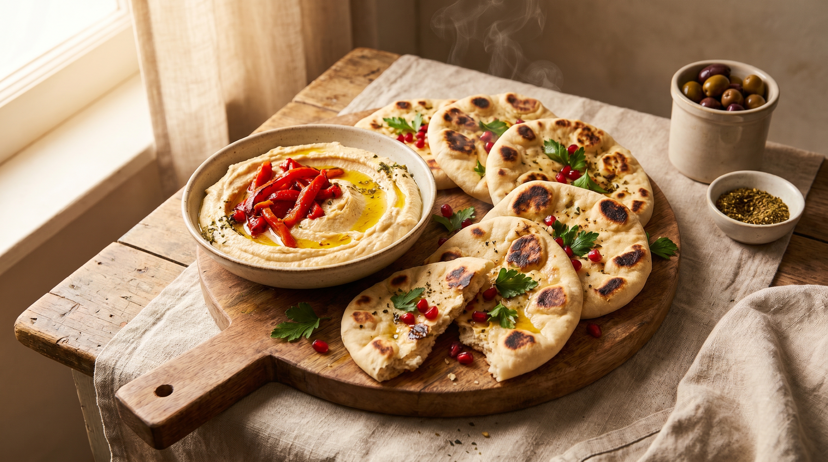 Small round flatbreads with smeared toppings on a flour-dusted wooden board, seen from above
