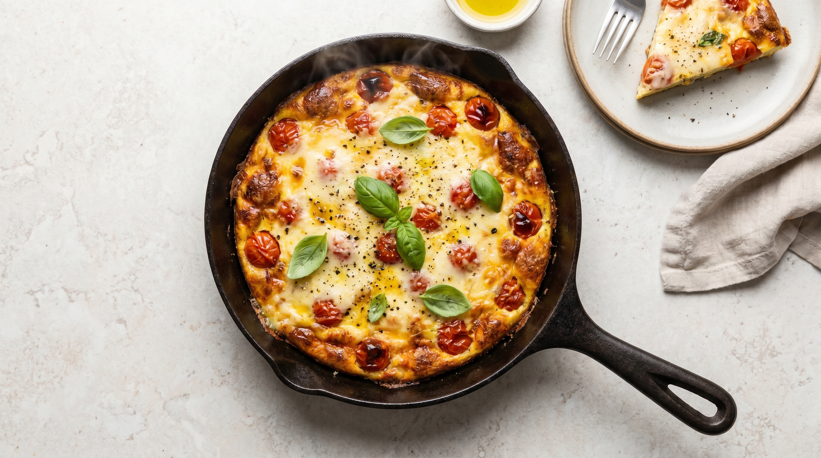 A golden-brown frittata in a cast iron skillet, slightly puffed at the edges with melted cheese on top