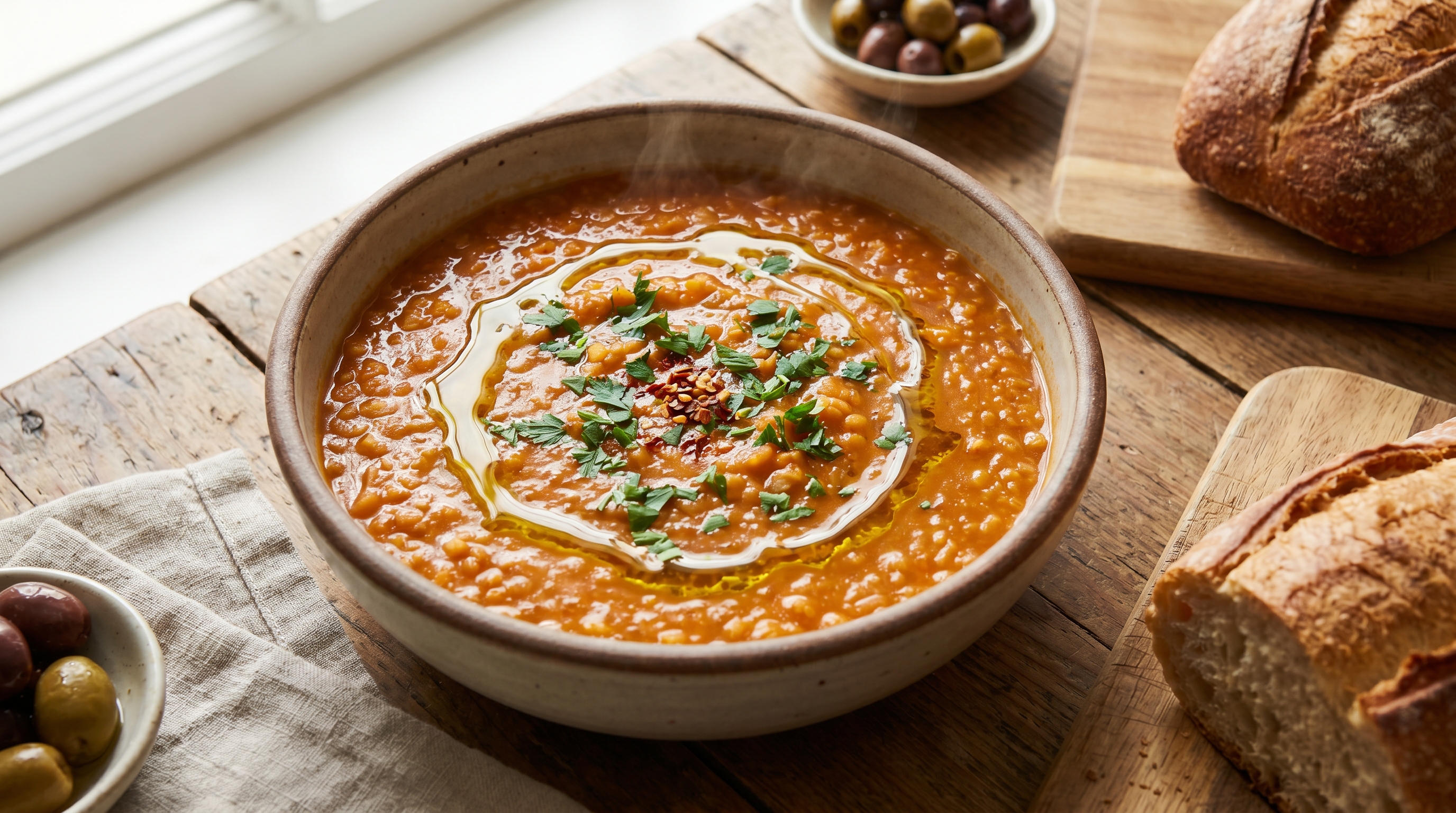 A warm bowl of spiced red lentil soup topped with a swirl of olive oil and crushed red pepper flakes