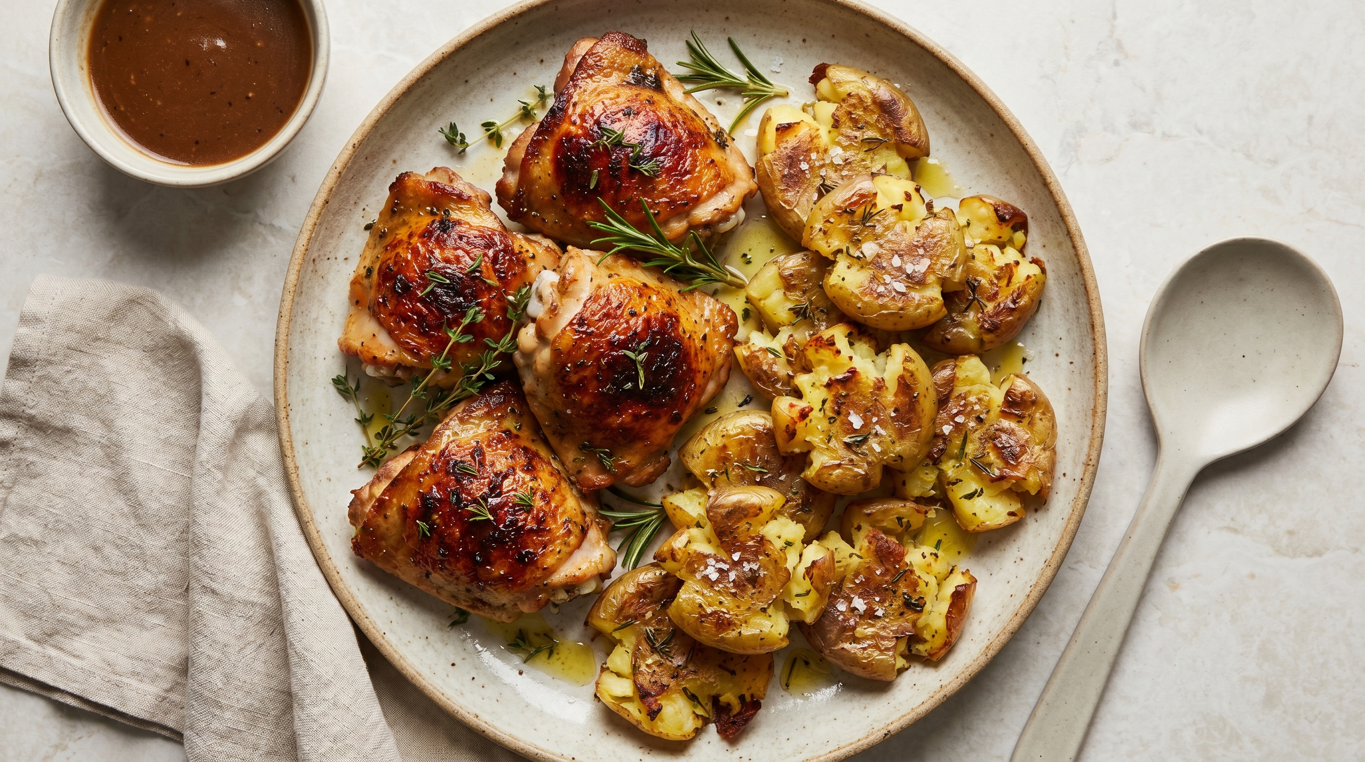 Golden chicken thighs roasted with smashed potatoes on a sheet pan, slightly charred edges
