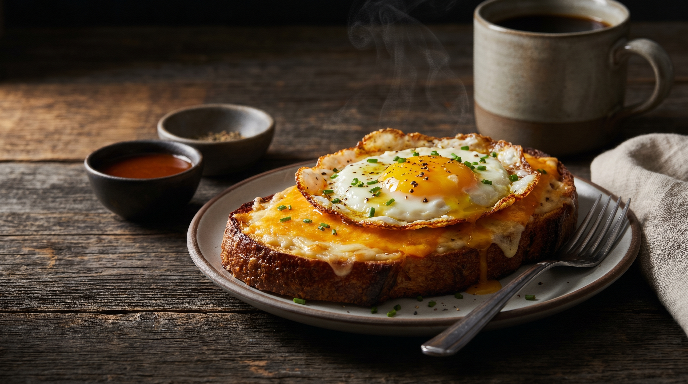 A simple fried egg on toast with melted cheese, slightly golden around the edges, on a plain white plate