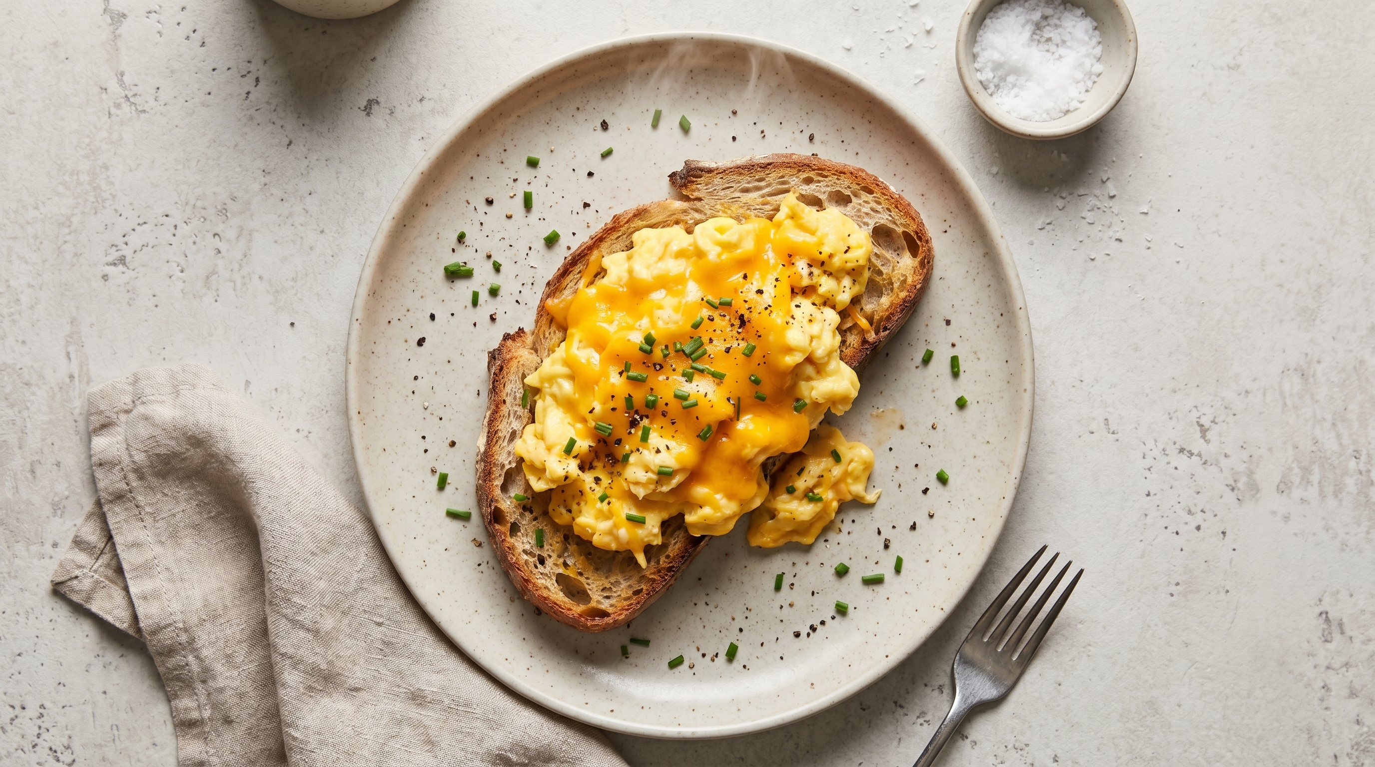 A simple plate of scrambled eggs on toast with melted cheese, golden and slightly messy, on a worn wooden table