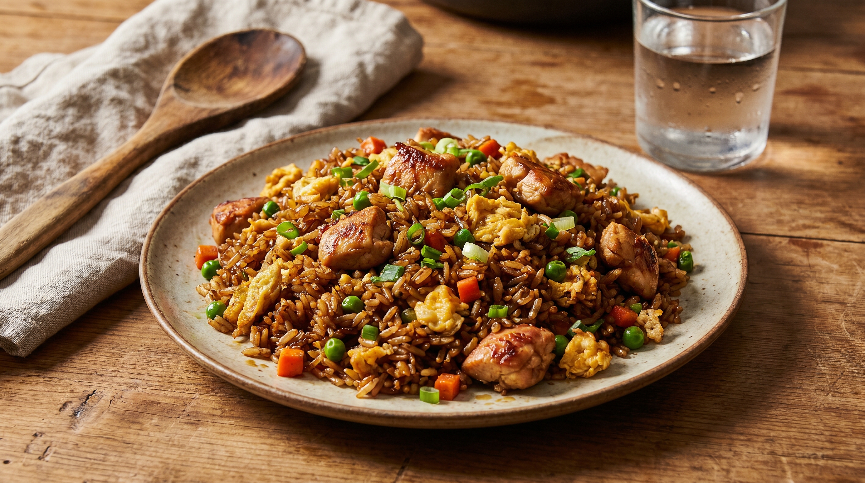 A half-eaten container of takeout fried rice next to a toddler's plate with scattered bites of egg and rice