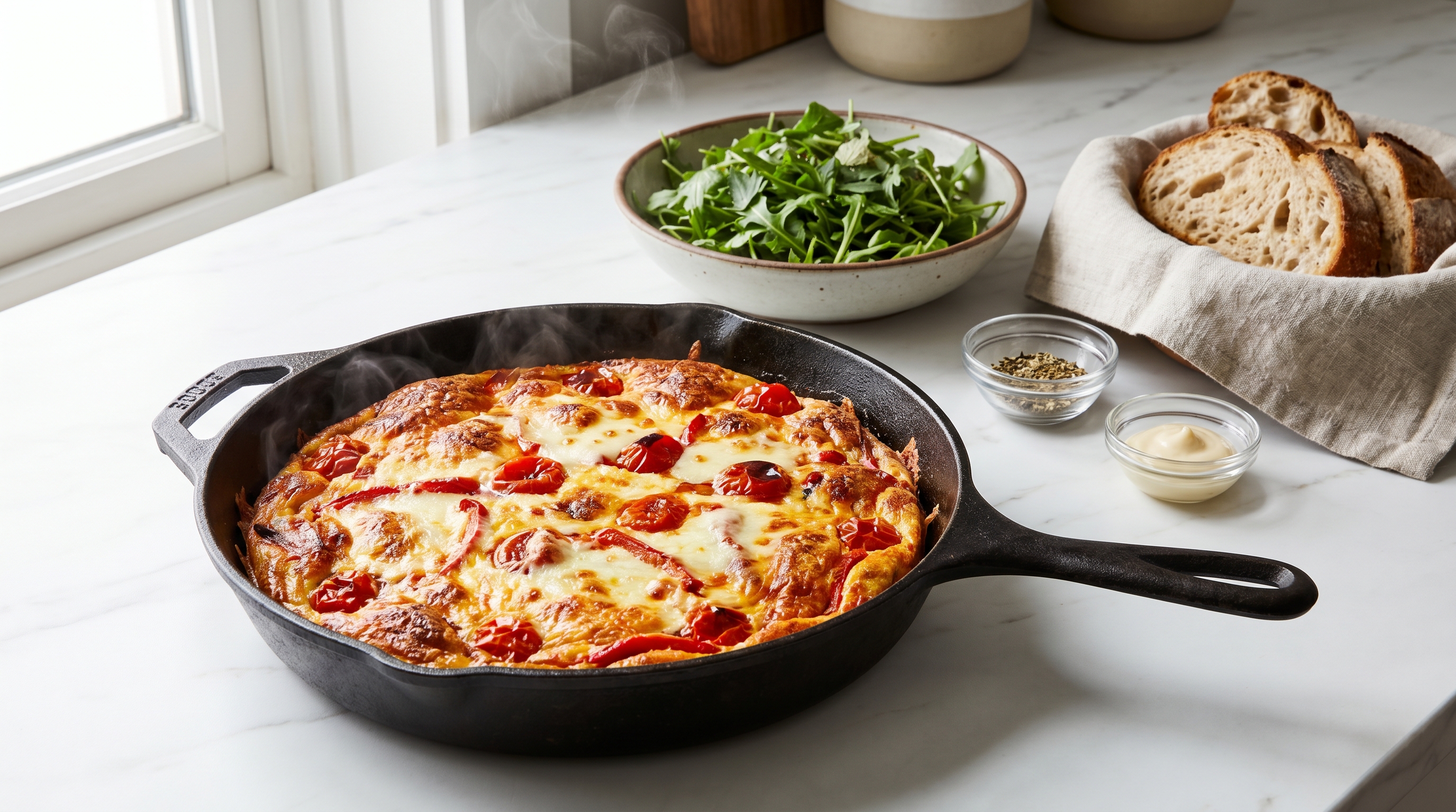 A golden-brown frittata with melted cheese and roasted peppers in a cast iron skillet