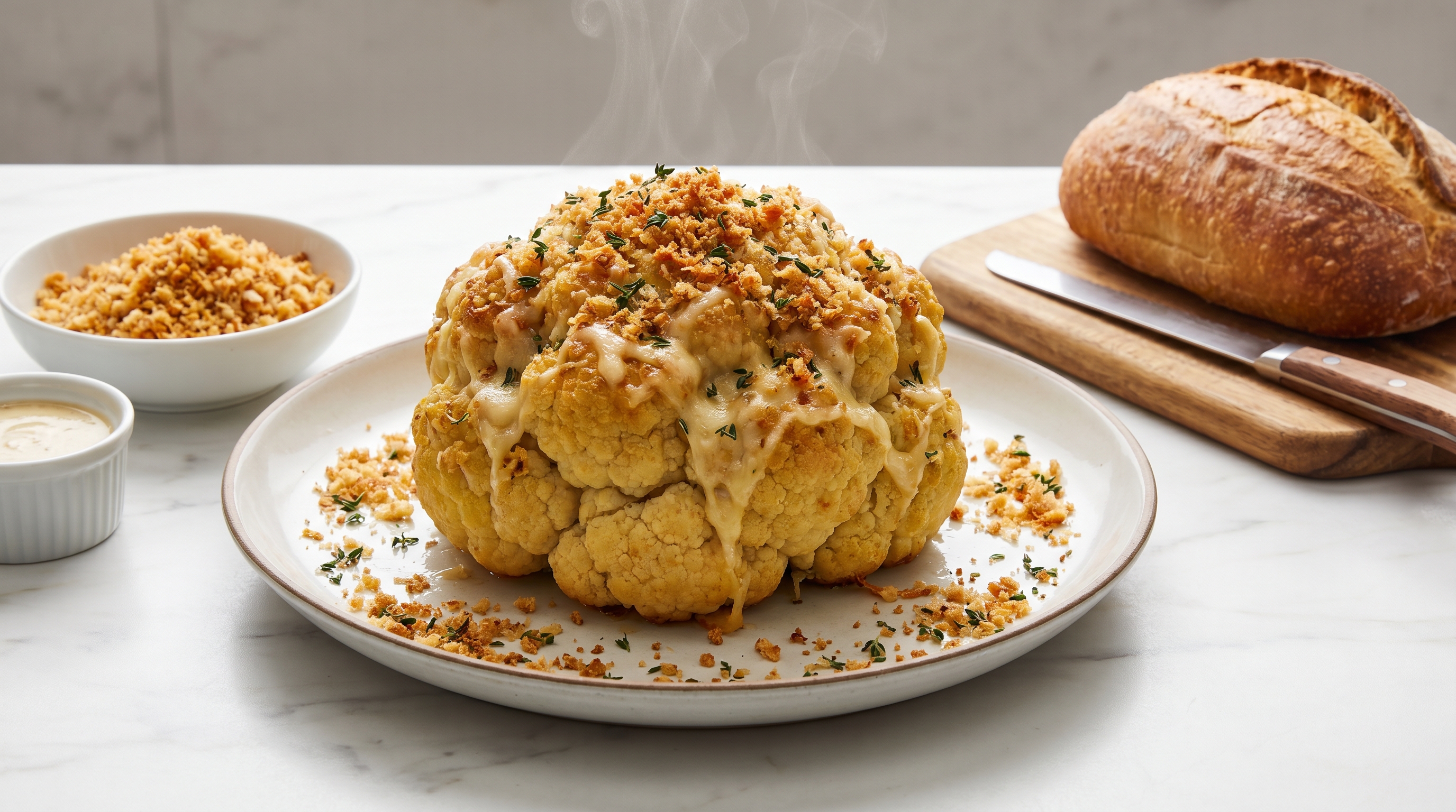 A whole roasted cauliflower with bubbling melted cheese and golden breadcrumbs on top