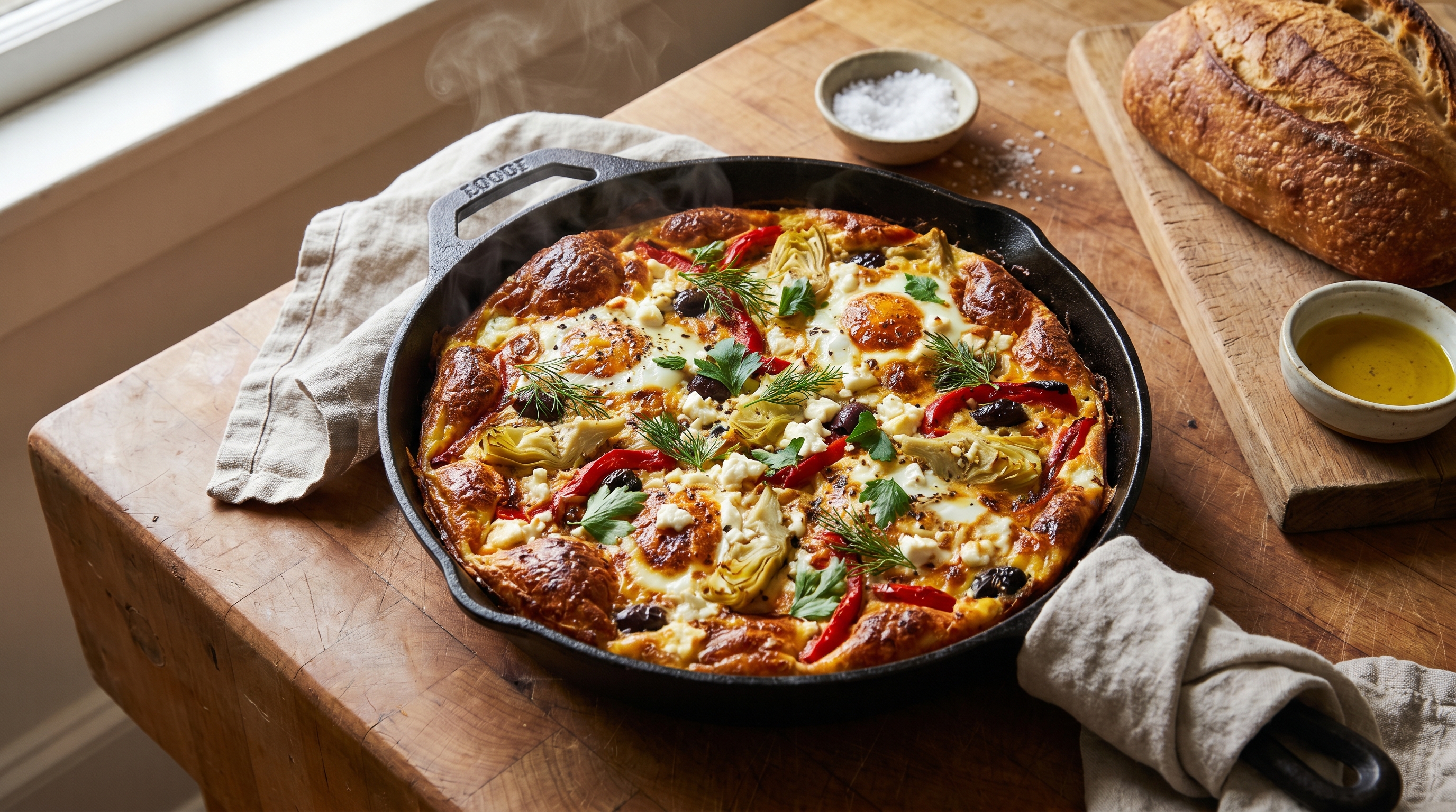 A slightly imperfect golden frittata in a cast iron skillet, one edge browned darker than the other, sitting on a worn wooden cutting board