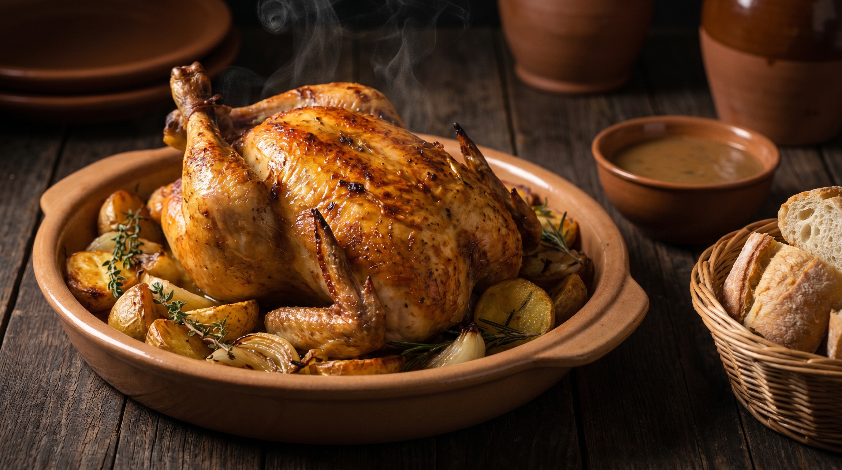 A golden roasted chicken with crispy skin on a worn ceramic platter, surrounded by roasted potatoes and soft pools of pan drippings