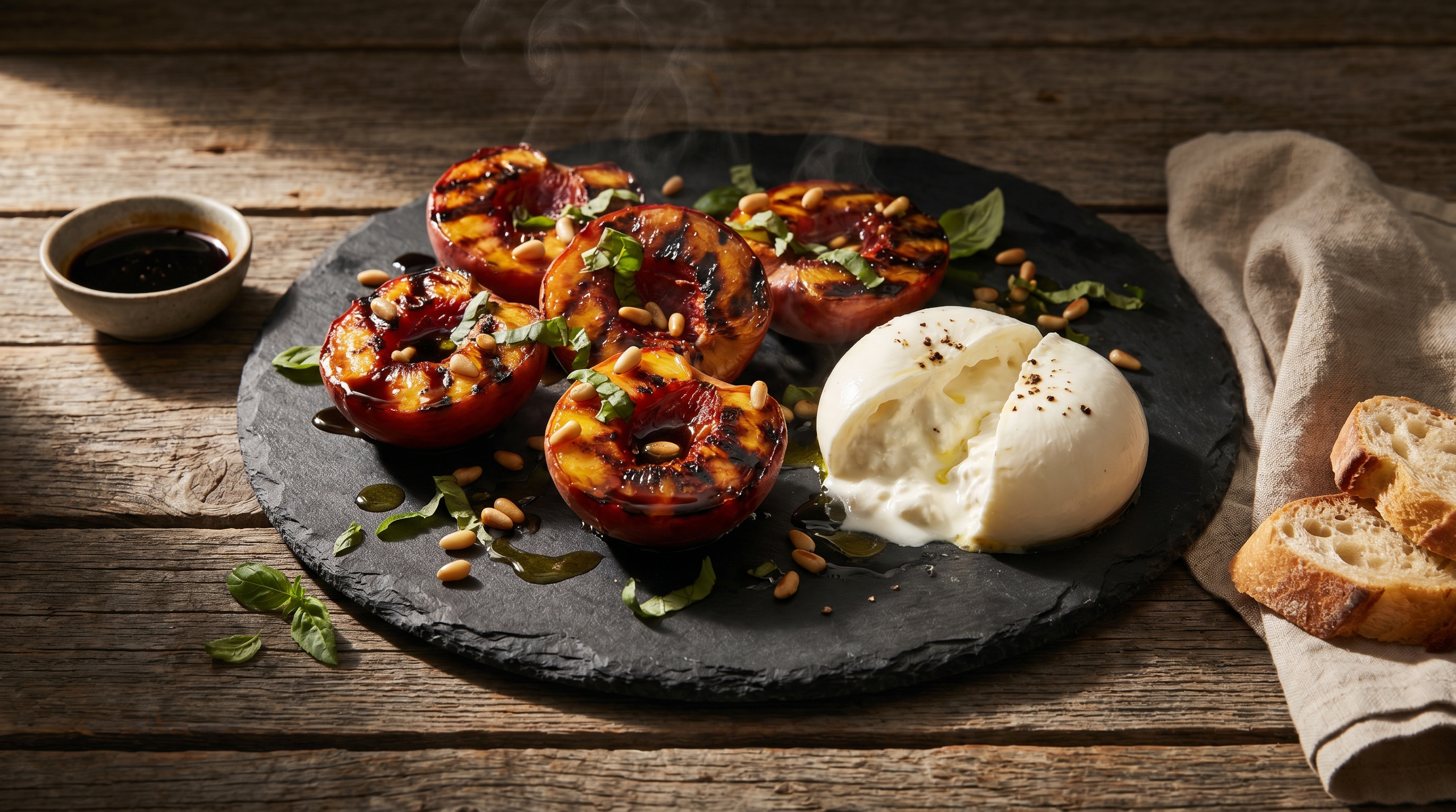 Grilled peaches with burrata and a drizzle of honey on a dark plate