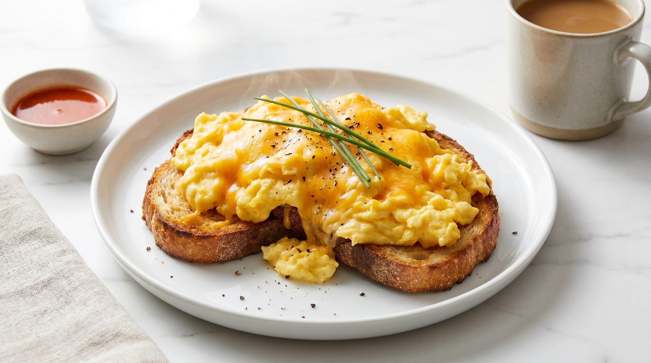 A simple plate of scrambled eggs on toast with melted cheese, golden and slightly messy, on a worn ceramic plate