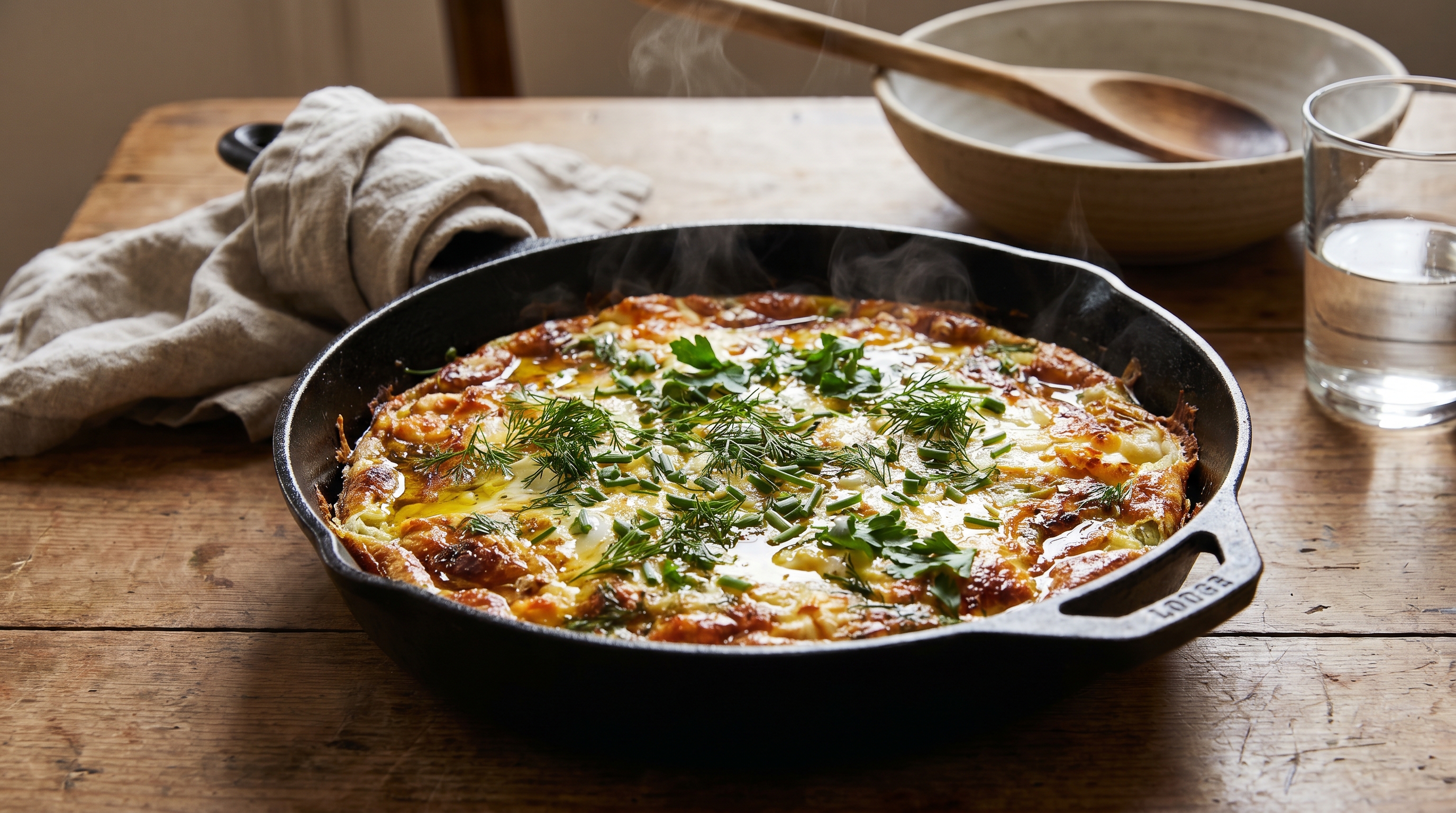 A golden-topped frittata with spring onions and herbs in a cast iron skillet