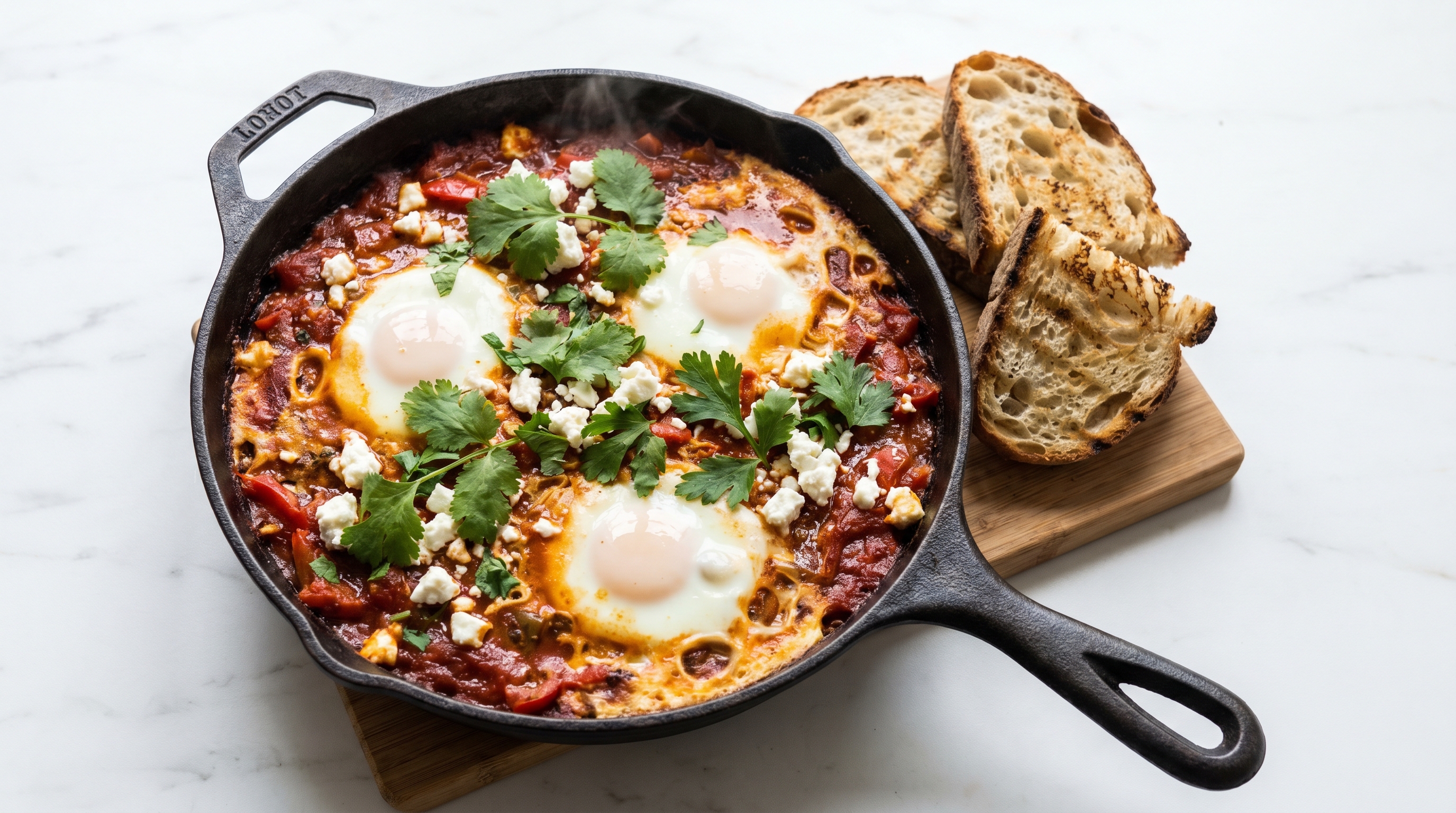 A golden-brown shakshuka with two eggs nestled in a rich tomato sauce in a cast iron skillet