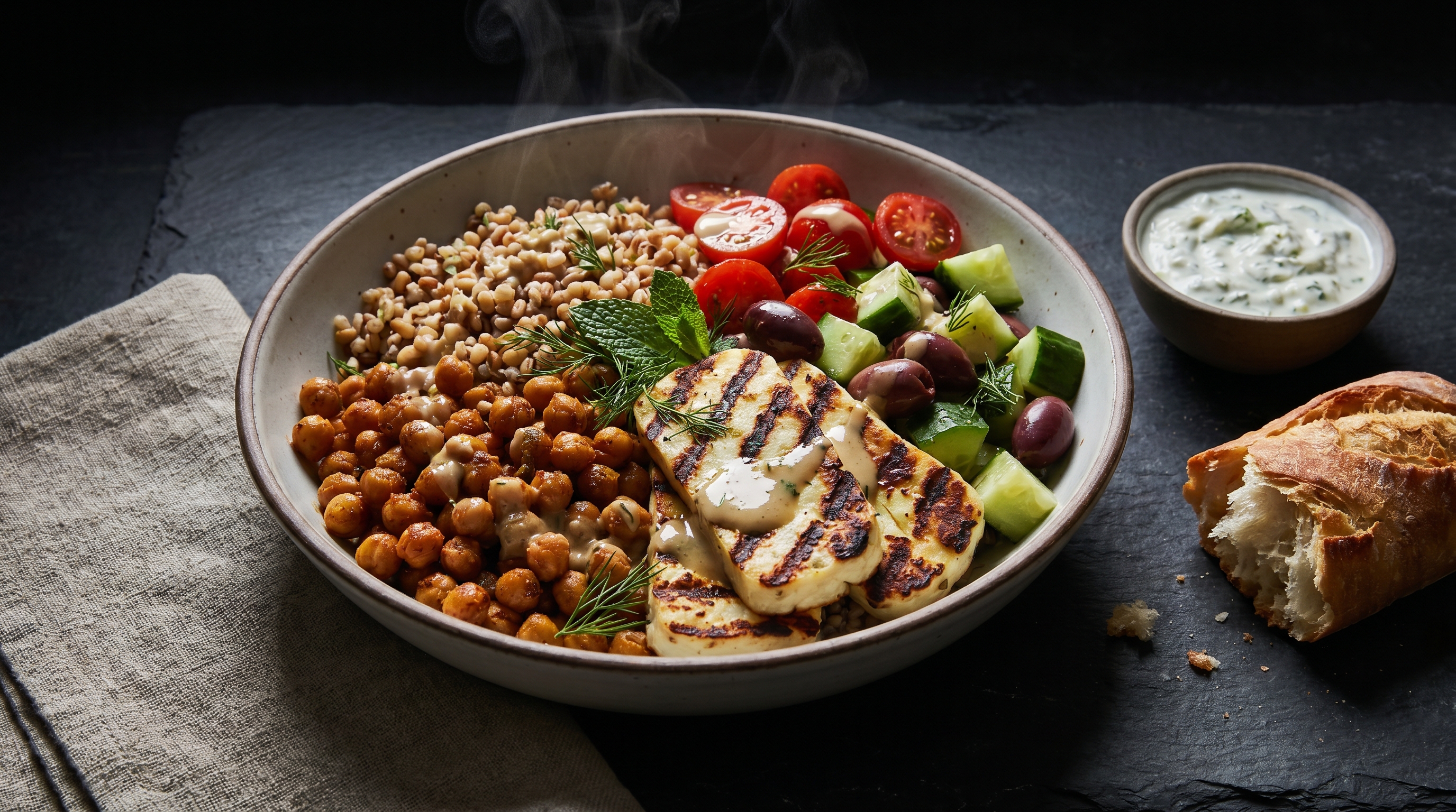 A large grain bowl with roasted chickpeas, sliced halloumi, and colorful summer vegetables on a ceramic plate