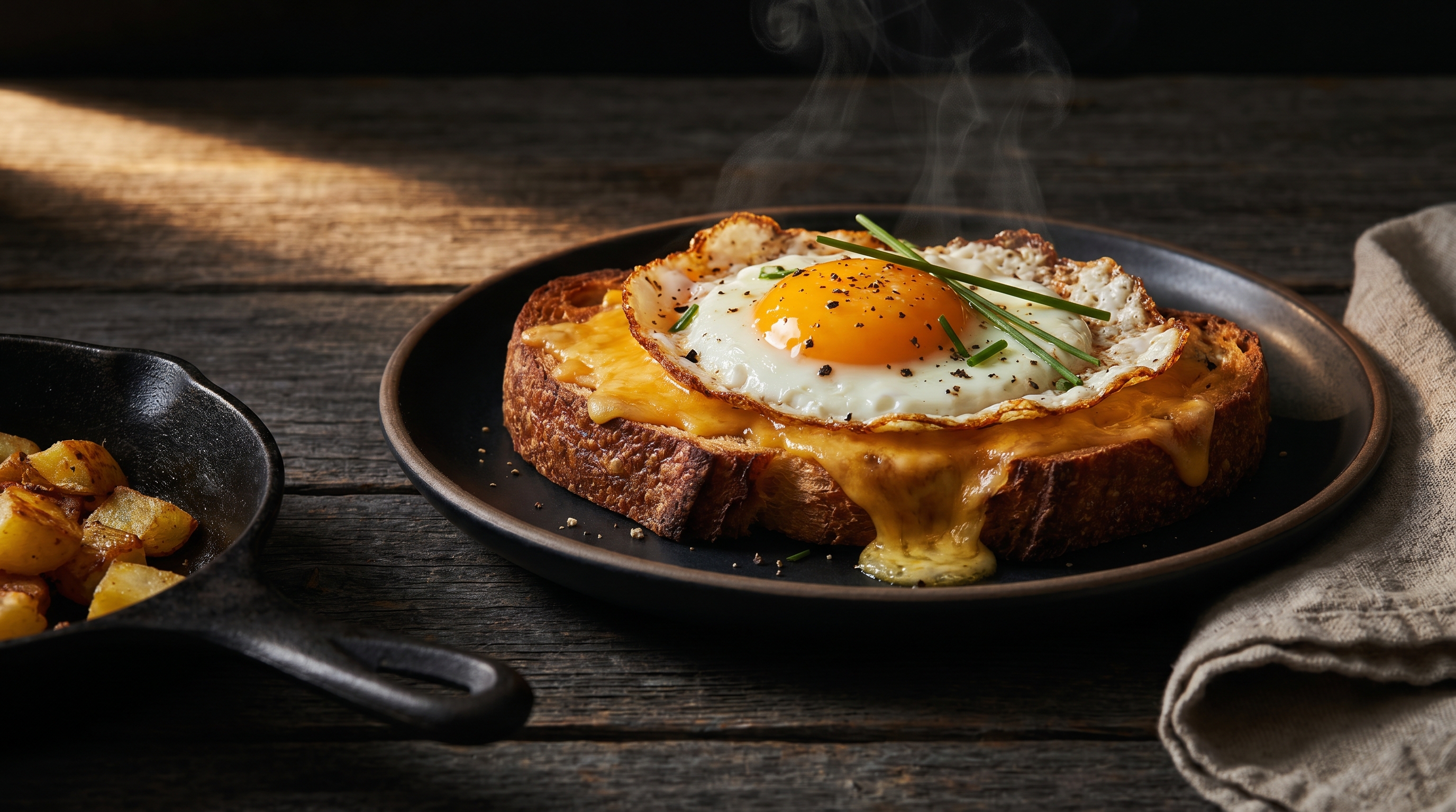 A golden fried egg on toast with melted cheese on a simple plate, seen from above