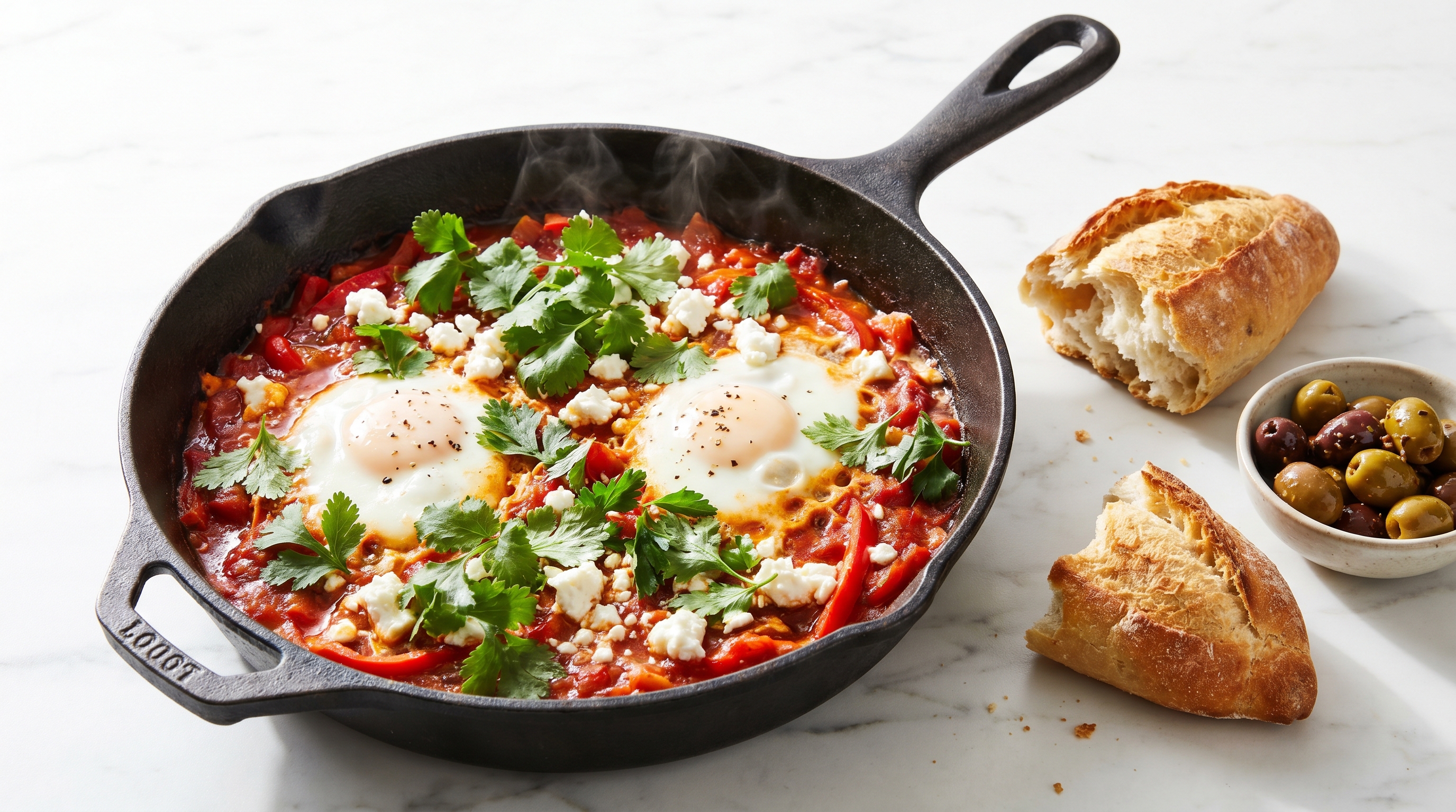 A golden shakshuka with poached eggs in a cast iron skillet, bright red tomato sauce with crumbled feta on top