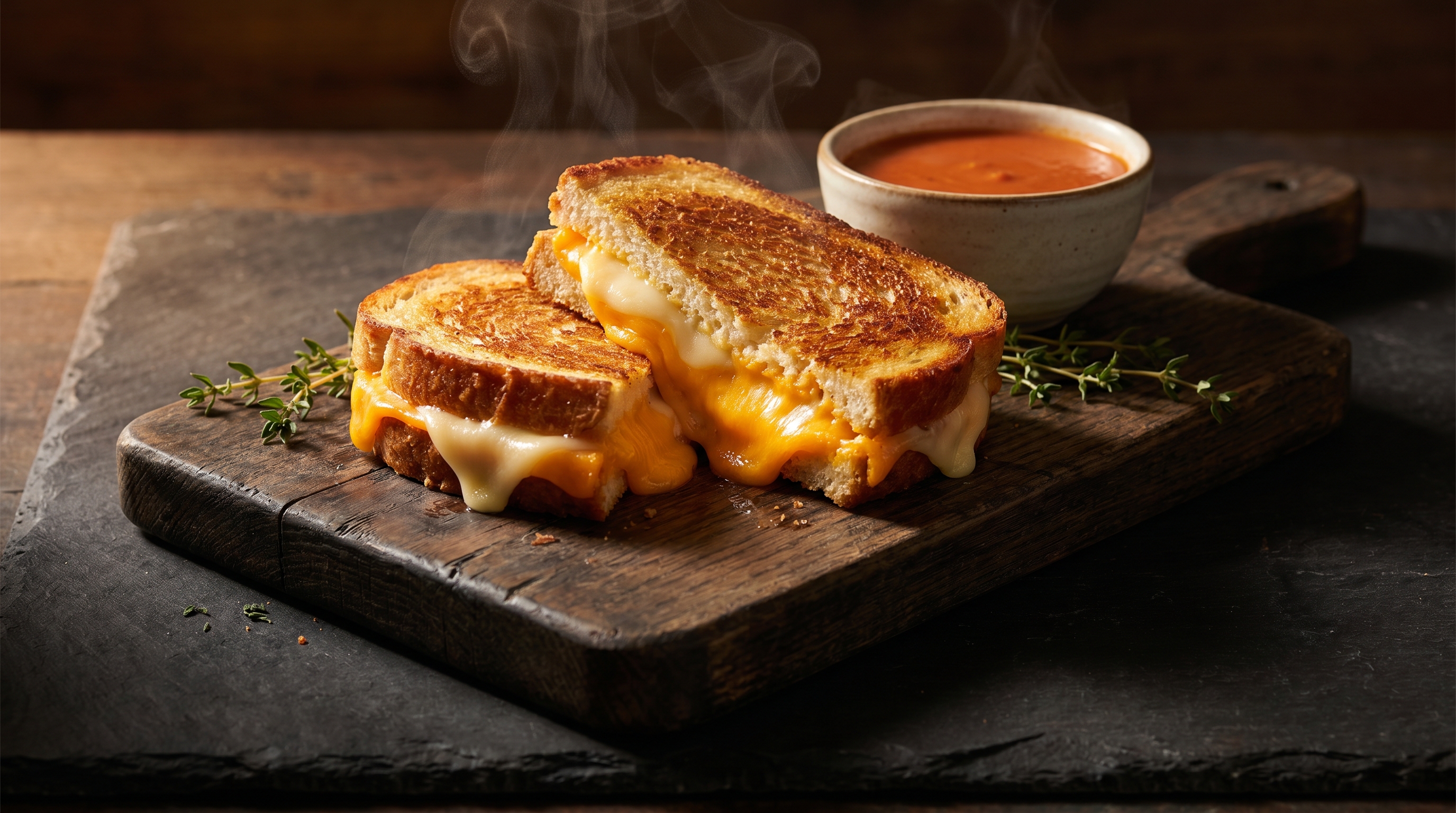 A golden-brown grilled cheese sandwich cut in half with melted cheddar visible, served on a simple plate