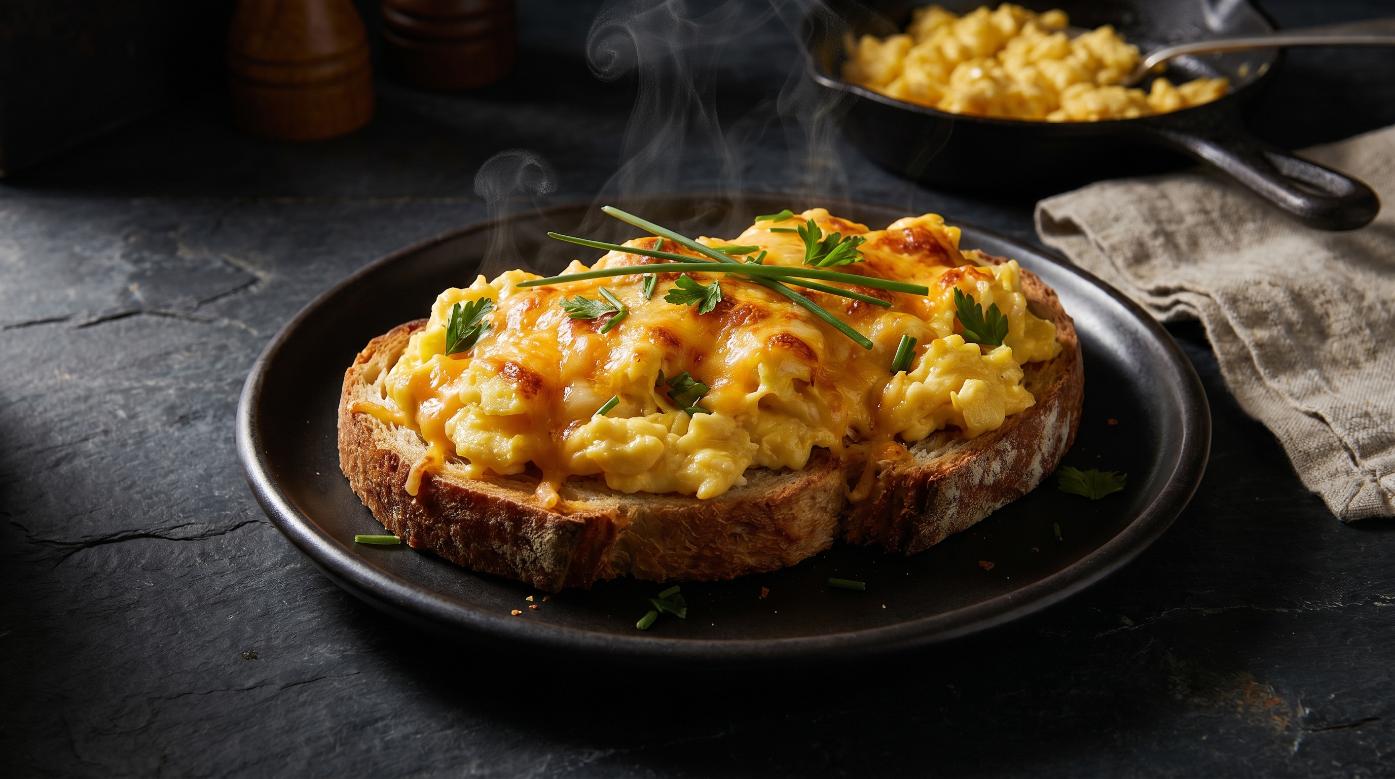 A simple plate of scrambled eggs on toast with melted cheese, golden and slightly imperfect, on a worn kitchen table