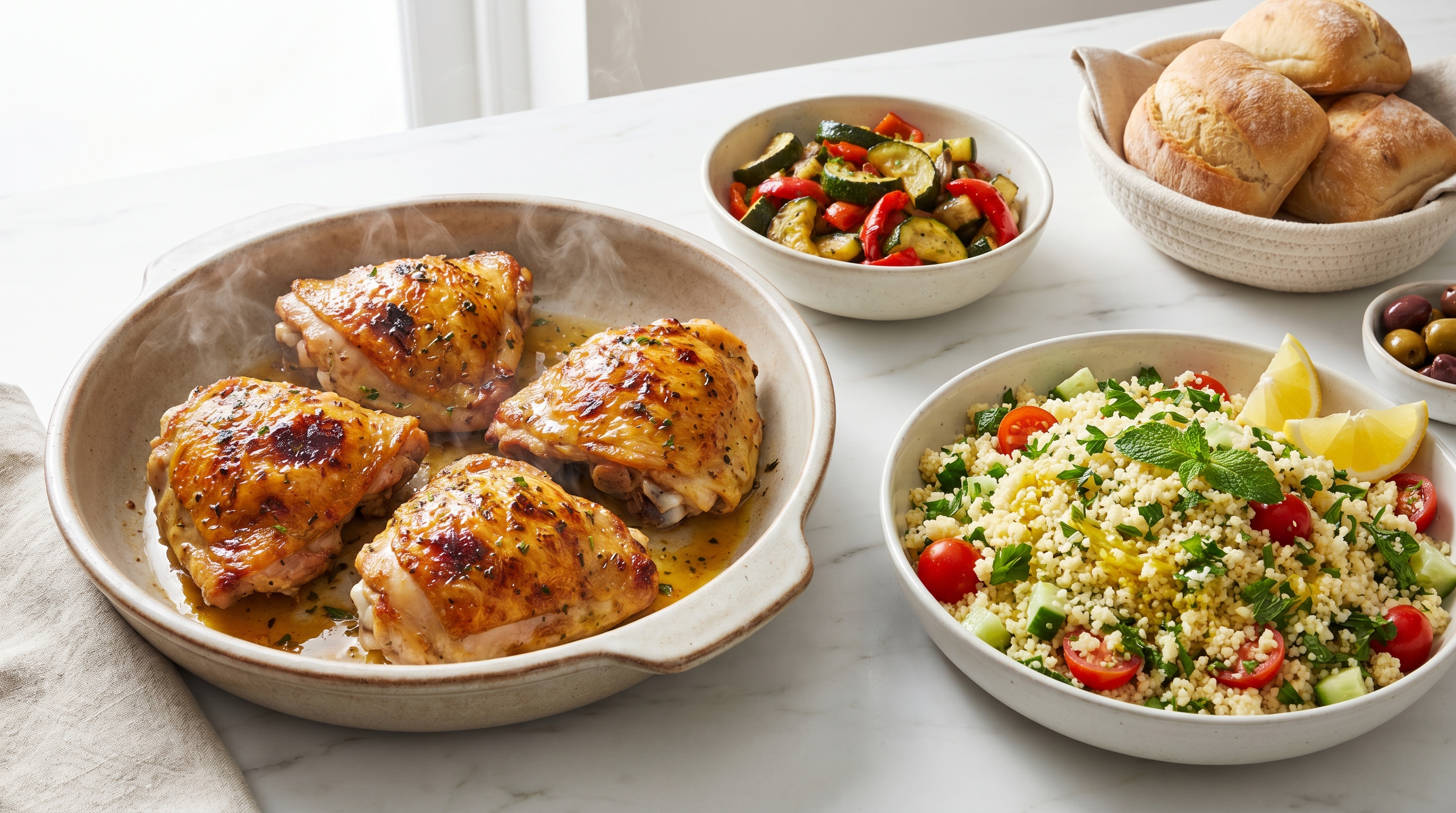 A golden roasted chicken thigh on a plate with crispy skin and a side of couscous with herbs