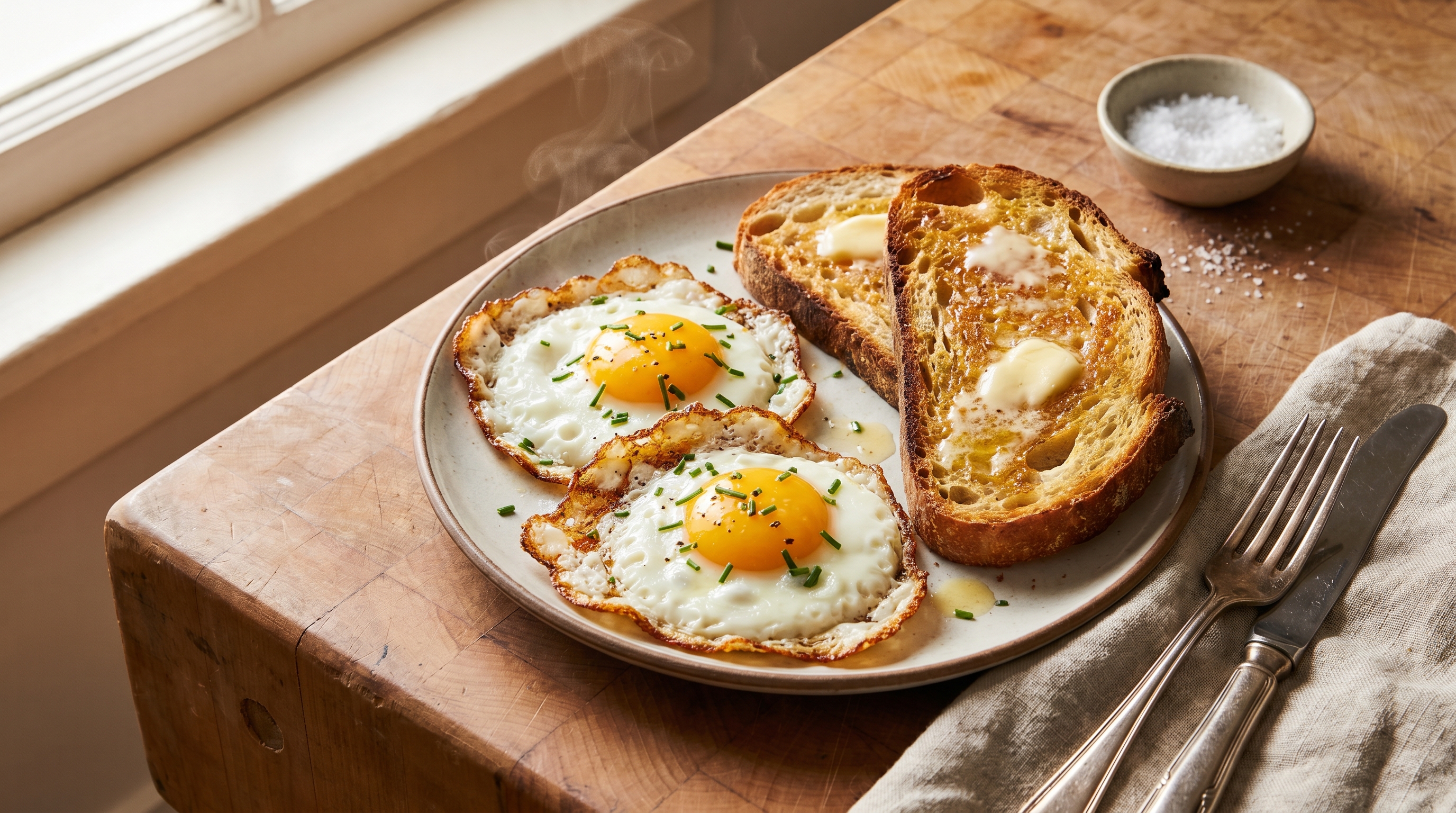 A simple skillet of golden fried eggs with crispy edges, served alongside thick buttered toast on a worn ceramic plate