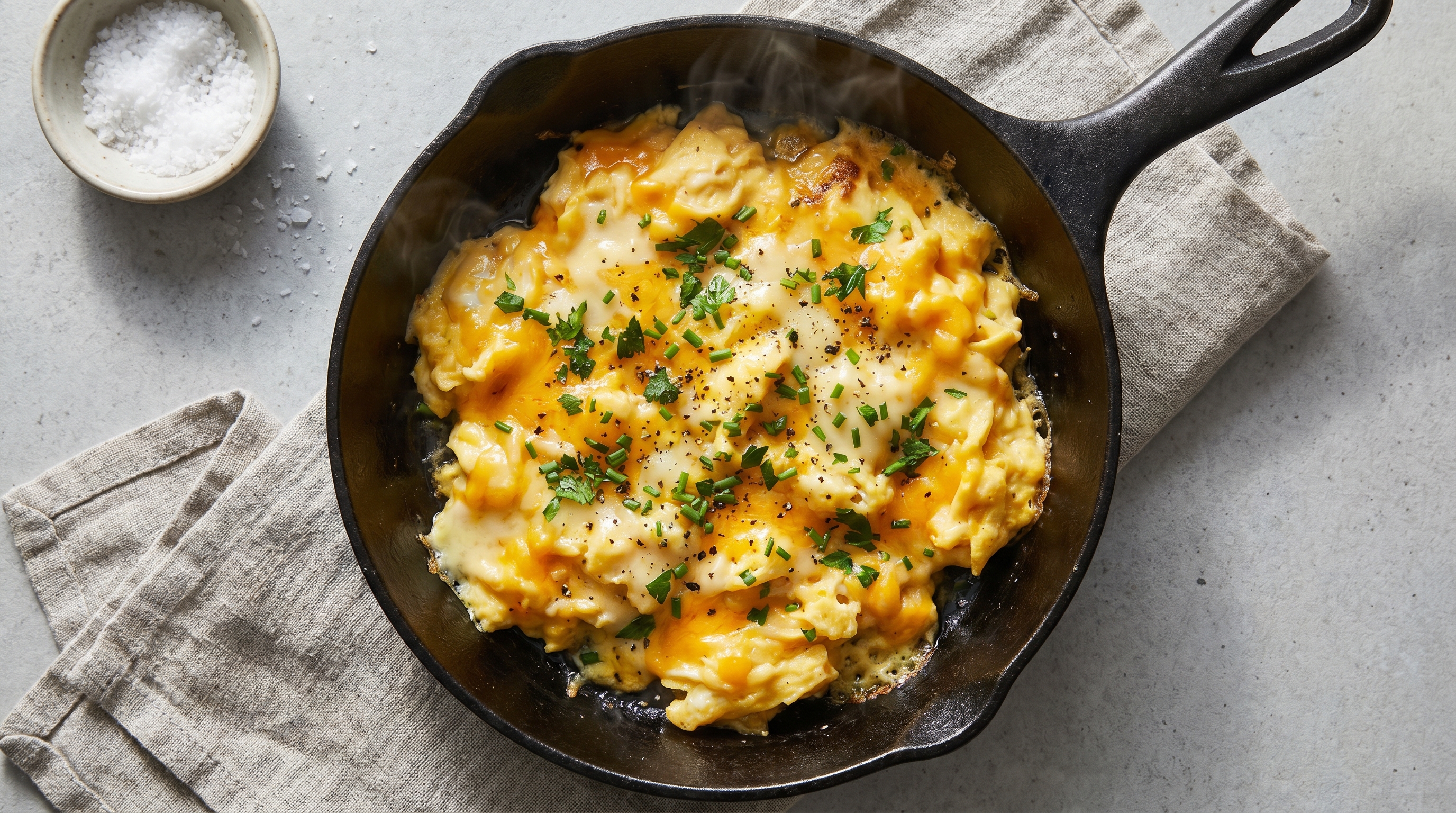 A simple skillet of scrambled eggs with melted cheese and toast on the side, shot from above on a worn wooden table