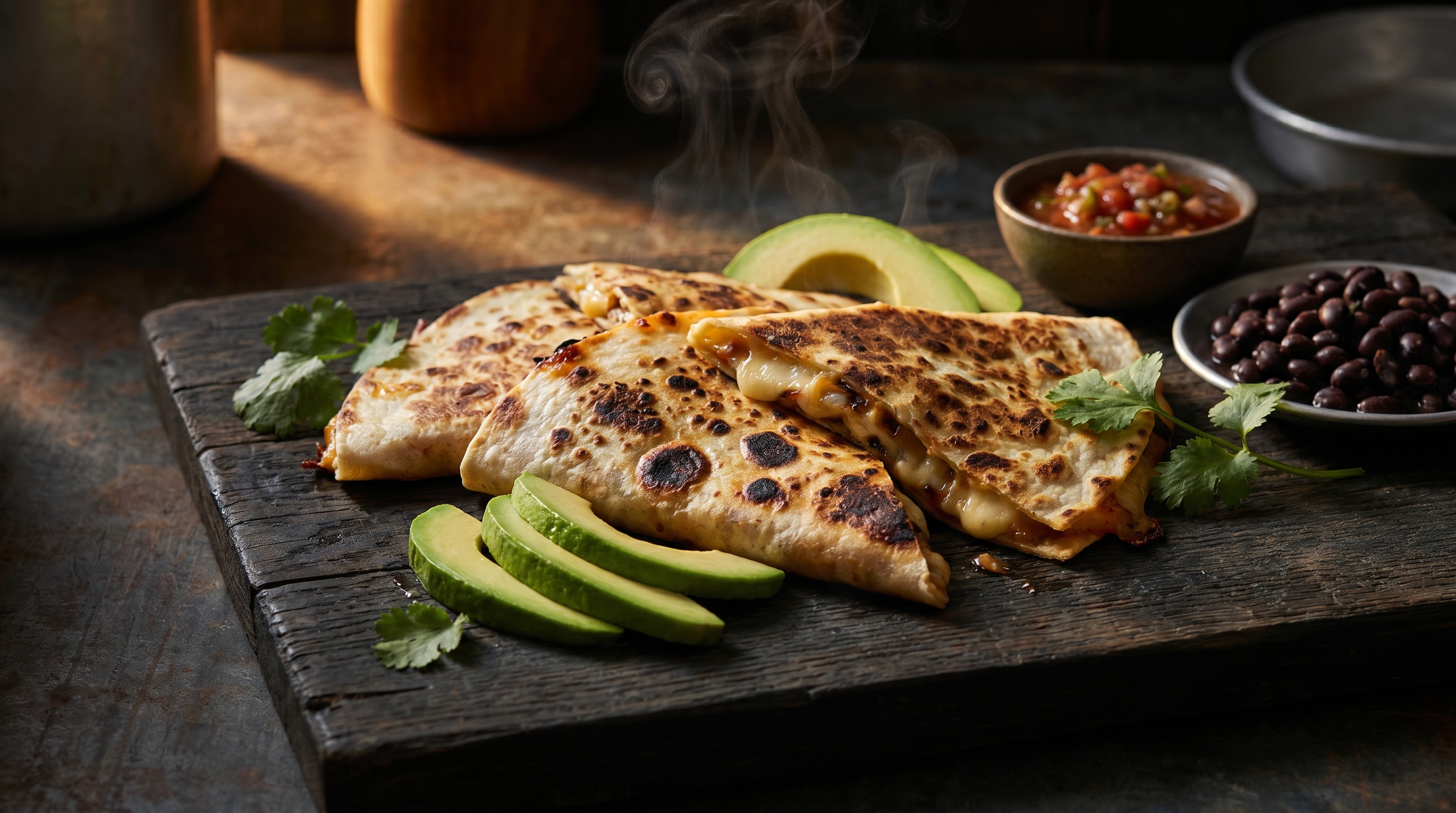 A simple cheese quesadilla cut into triangles on a colorful plate with a small smear of mashed avocado on the side