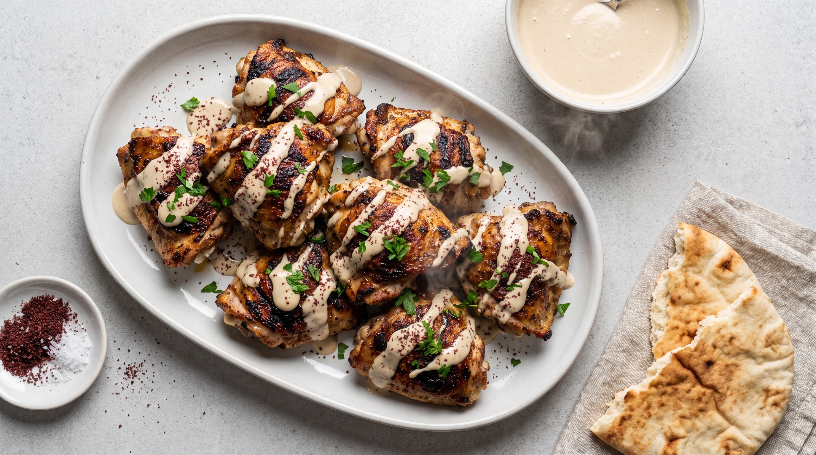 A simple plate of grilled chicken thighs with charred edges alongside a smear of tahini sauce and scattered sumac