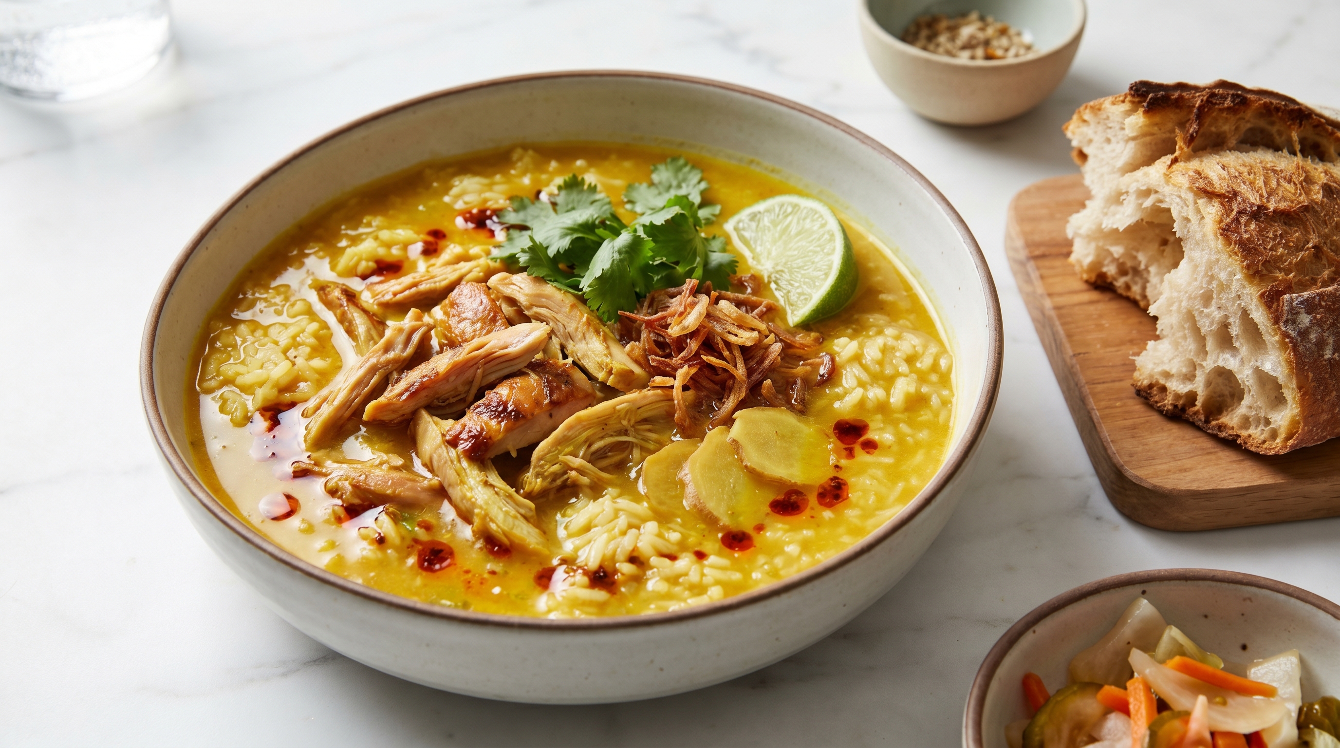 A bowl of rich golden chicken soup with turmeric and rice, steam rising from the surface