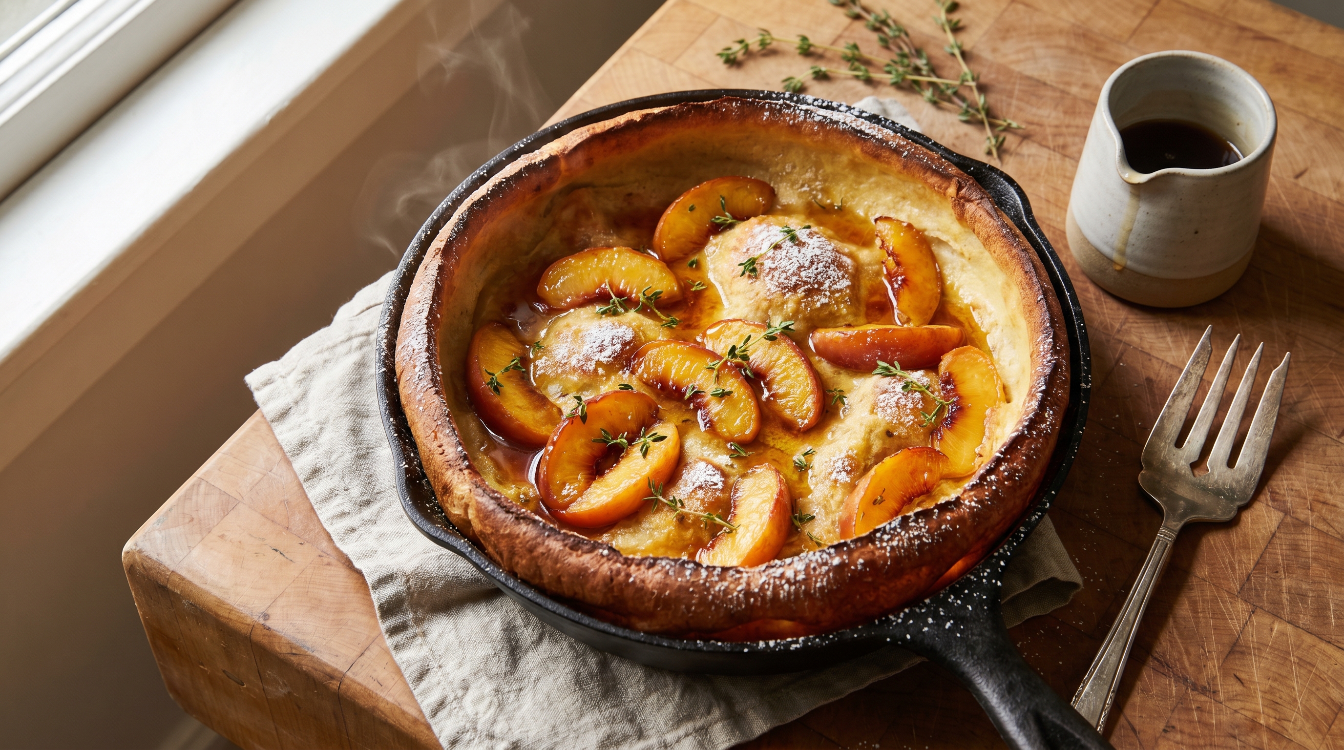 A golden Dutch baby pancake dusted with powdered sugar and topped with sliced peaches in a cast iron skillet