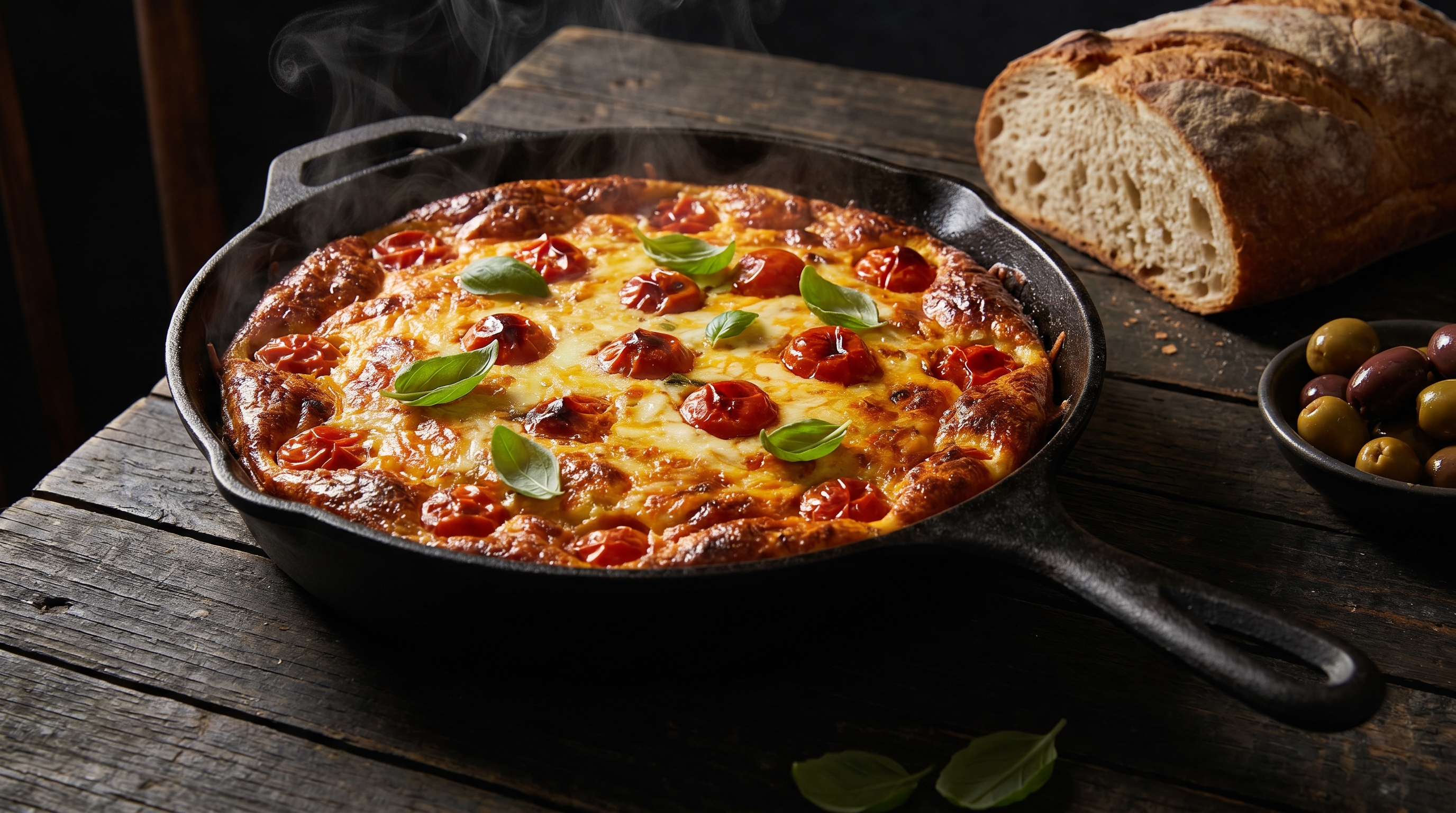 A golden-brown frittata in a cast iron skillet with melted cheese and roasted tomatoes